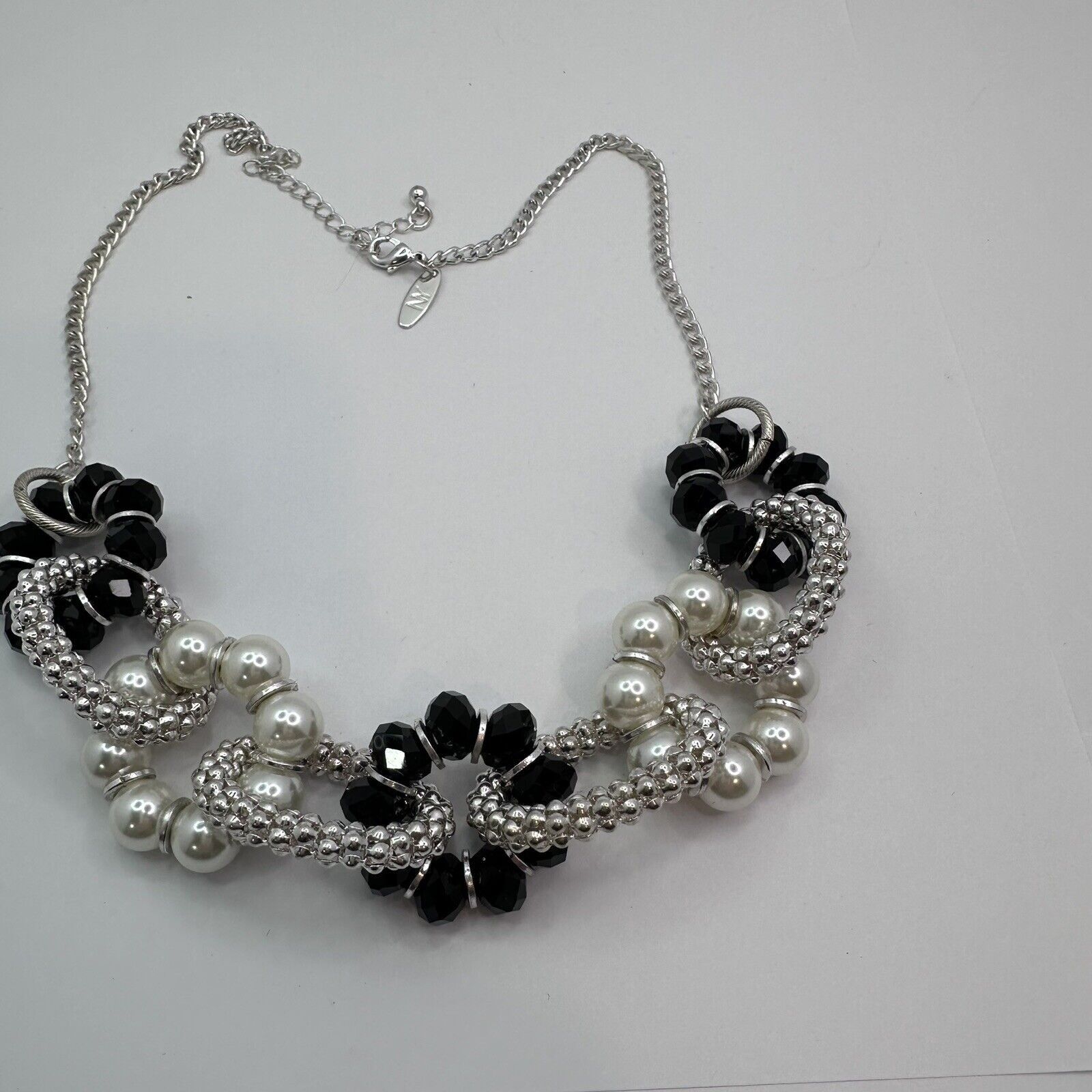Other Ny & Co Silver Mesh Blk Crystals Faux Pearls Beads Necklace Size ONE SIZE - 11 Thumbnail