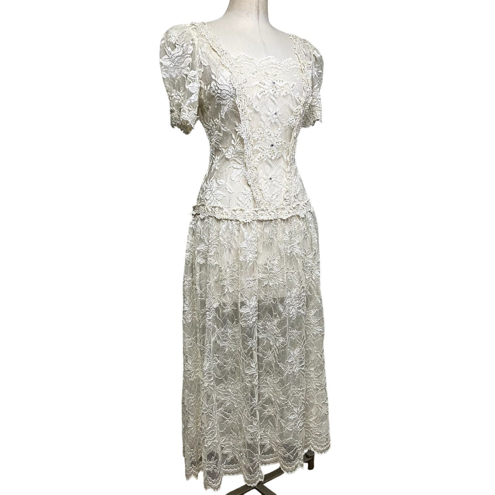 Other Beautiful VIntage 60's Sheer Lace Beaded Wedding Dress Size L / US 10 / IT 46 - 2 Thumbnail