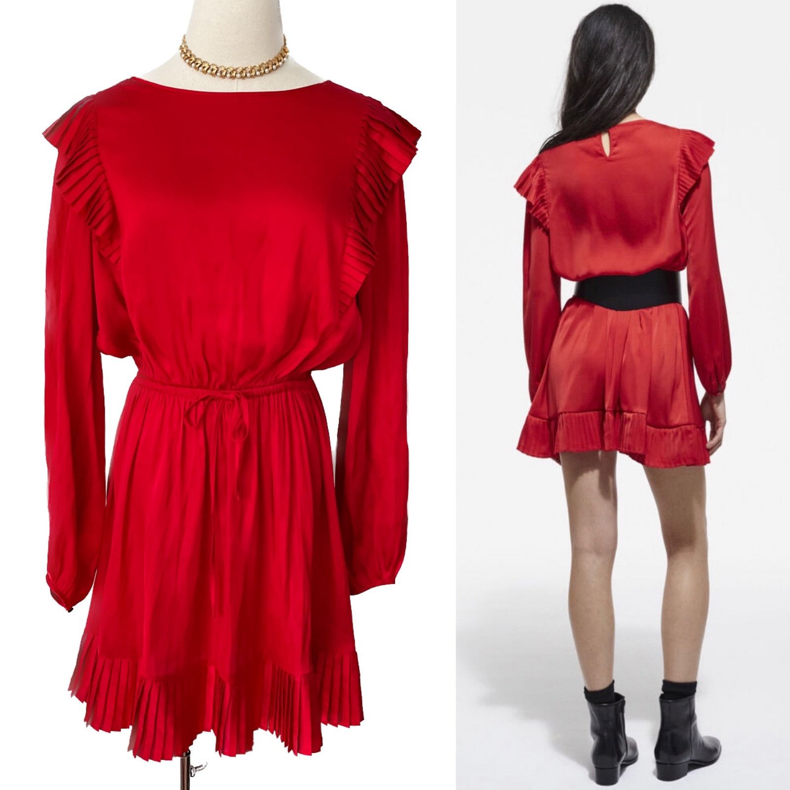 image of The Kooples “Short Red Dress” Pleated Ruffle Mini Dress M, Women's (Size Medium)