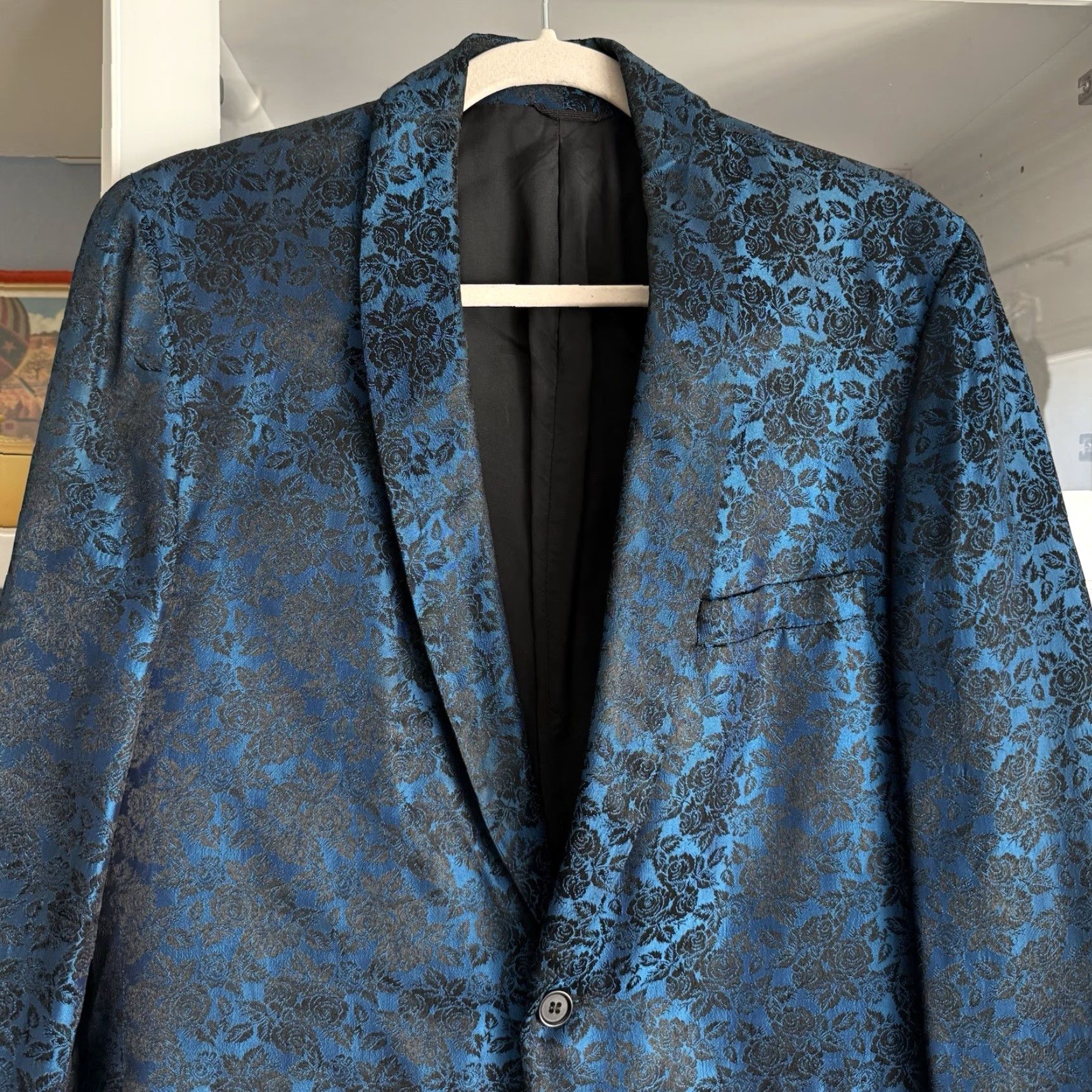Vintage VINTAGE 60’s Blue Black Floral Jacquard Tuxedo Blazer Jacket 40” Chest Size 40R - 4 Thumbnail