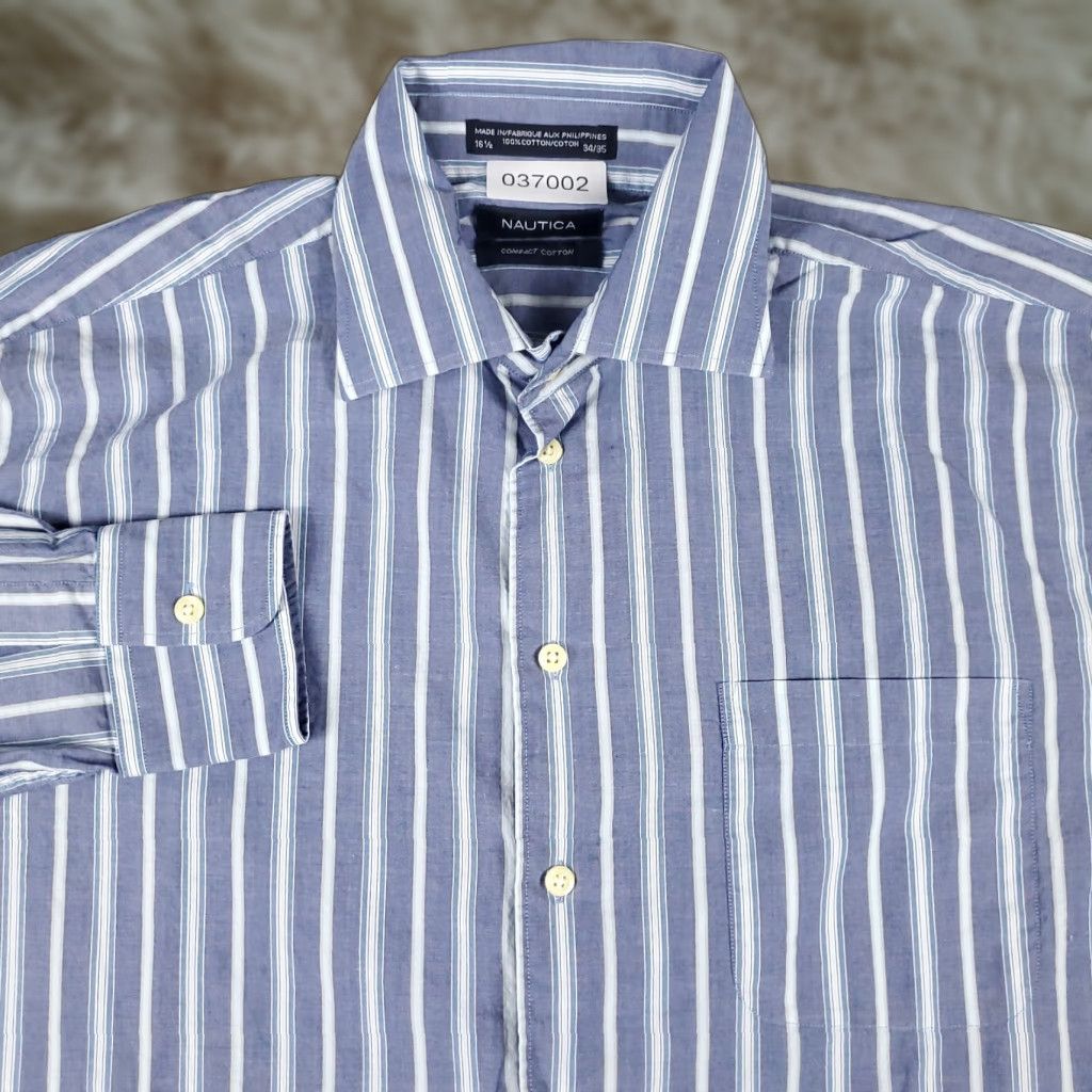 Nautica Nautica Dress Shirt Mens Size 16.5 Blue Striped Long Sleeve Button Up Classic Preppy Size 42R - 1 Thumbnail