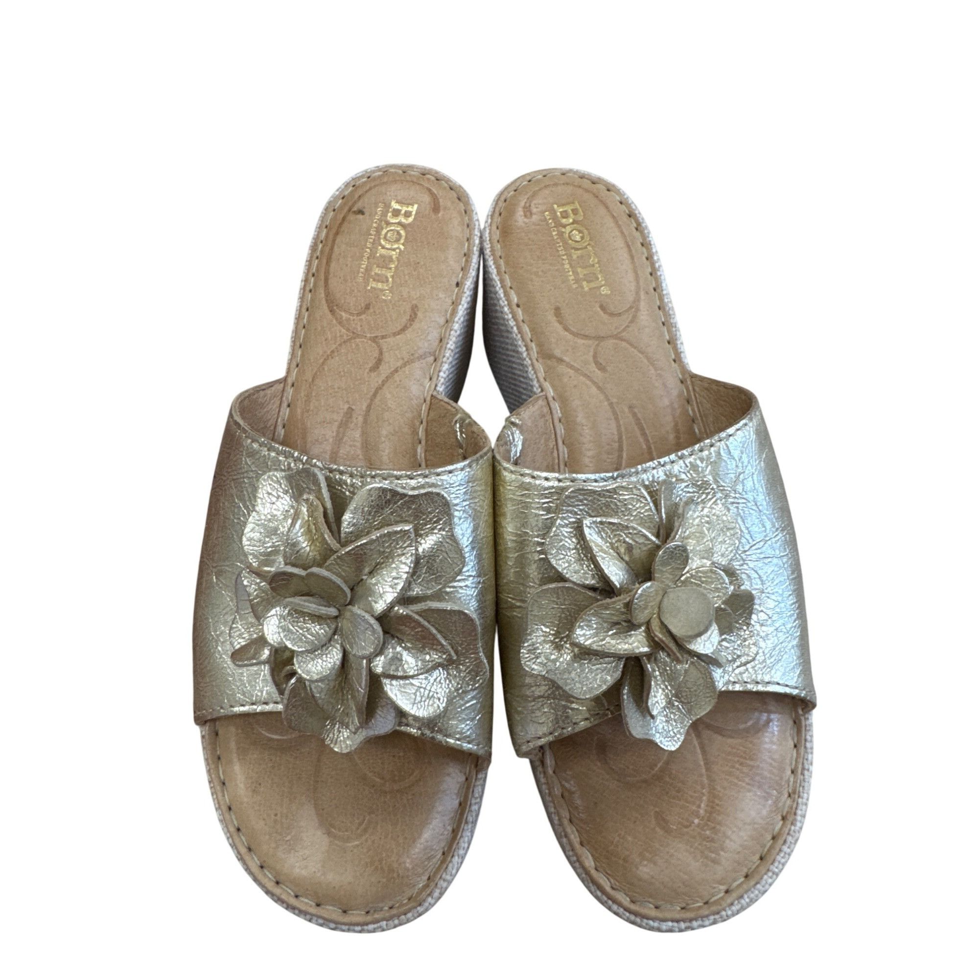 Born Born Womens Metallic Gold Floral Leather Wedge Sandals Size Size US 6 / IT 36 - 8 Thumbnail