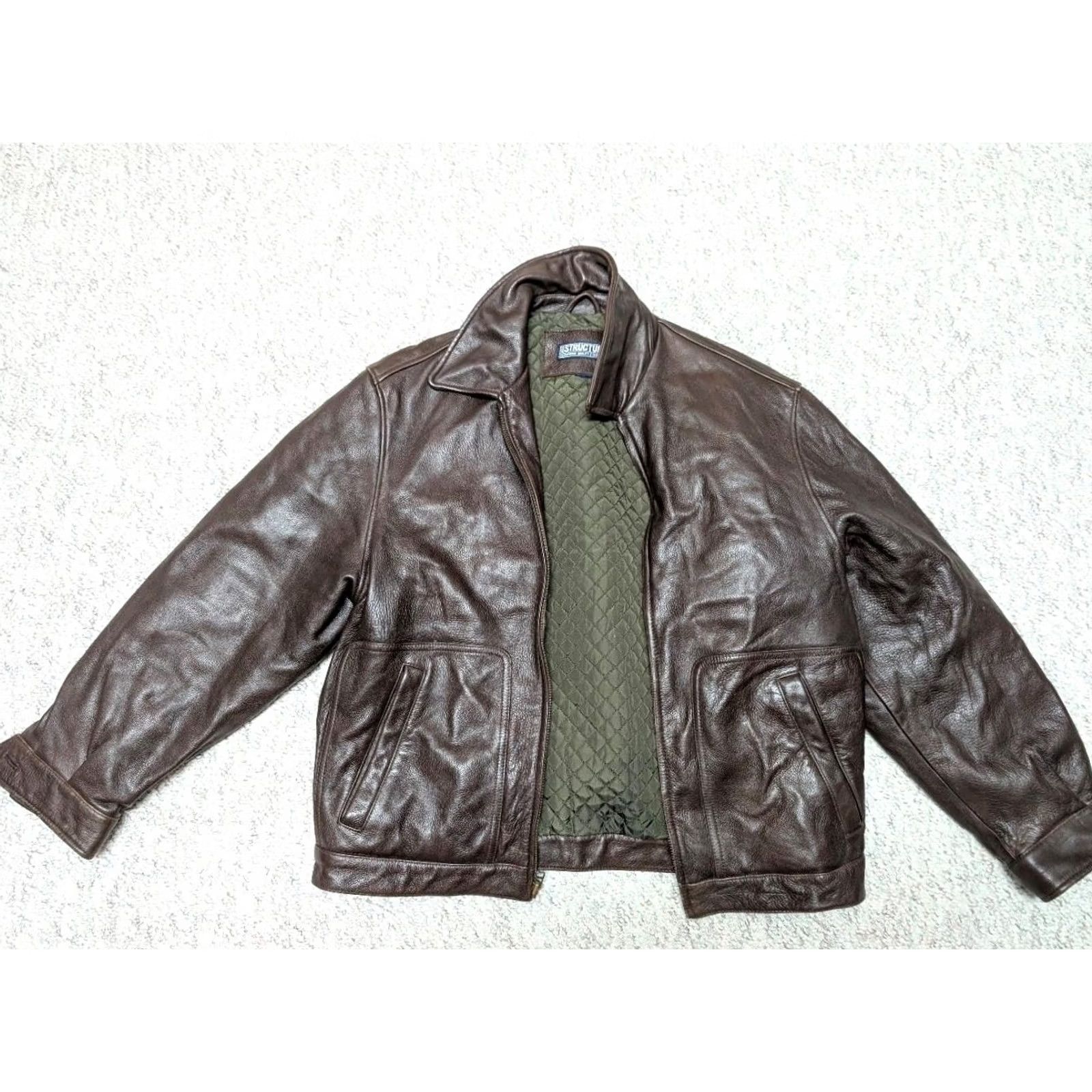 Vintage VINTAGE Structure Bomber Jacket Men's Brown Leather Cowhide L 42-44 Chest 25.5" Arm 28" Length 23.5" Quilted, Lined 1990s Y2K Size US L / EU 52-54 / 3 - 4 Thumbnail