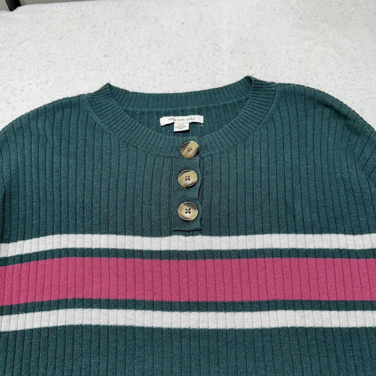 American Eagle Outfitters American Eagle Small Crop Henley Sweater Green Pink Stripe Size S / US 4 / IT 40 - 2 Thumbnail