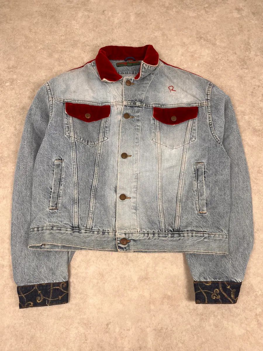 Katharine Hamnett London 1980s Katherine Hamnett Blue Denim Floral Jacket with Red Velvet Size US M / EU 48-50 / 2 - 4 Thumbnail