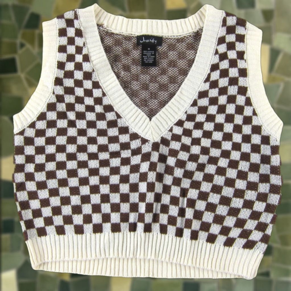 Vintage NWT Justify Ivory Brown Checkerboard Sleeveless Cropped Tight Knit Vest M Size M / US 6-8 / IT 42-44 - 1 Thumbnail