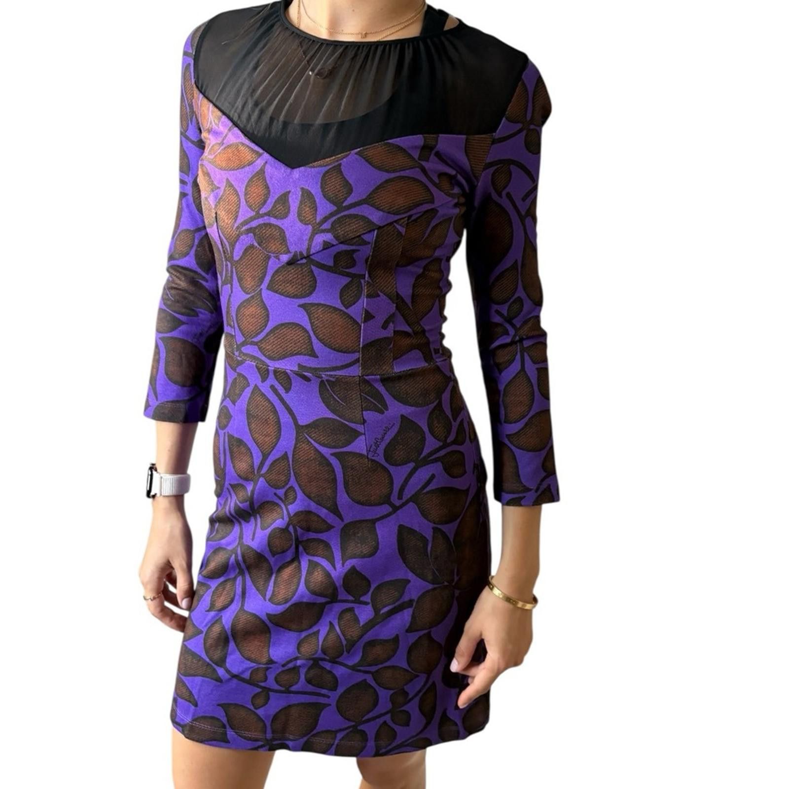 Just Cavalli Vintage Just Cavalli Purple and Brown Leaf Print Mini Dress Size XS / US 0-2 / IT 36-38 - 4 Thumbnail