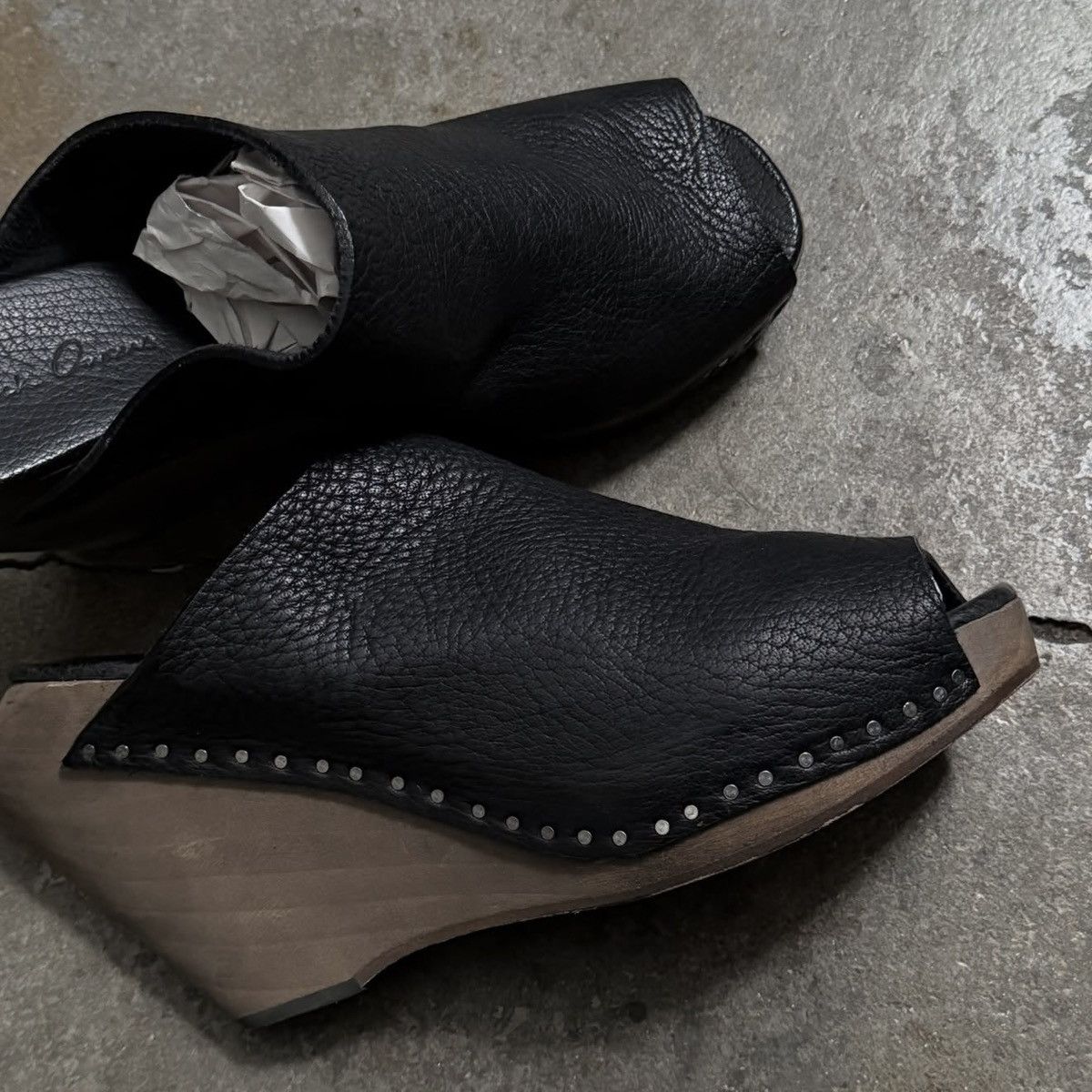 Rick Owens RICK OWENS LEATHER OPEN TOE WOOD CLOG WEDGE - BLACK - 39 Size US 9 / IT 39 - 2 Thumbnail