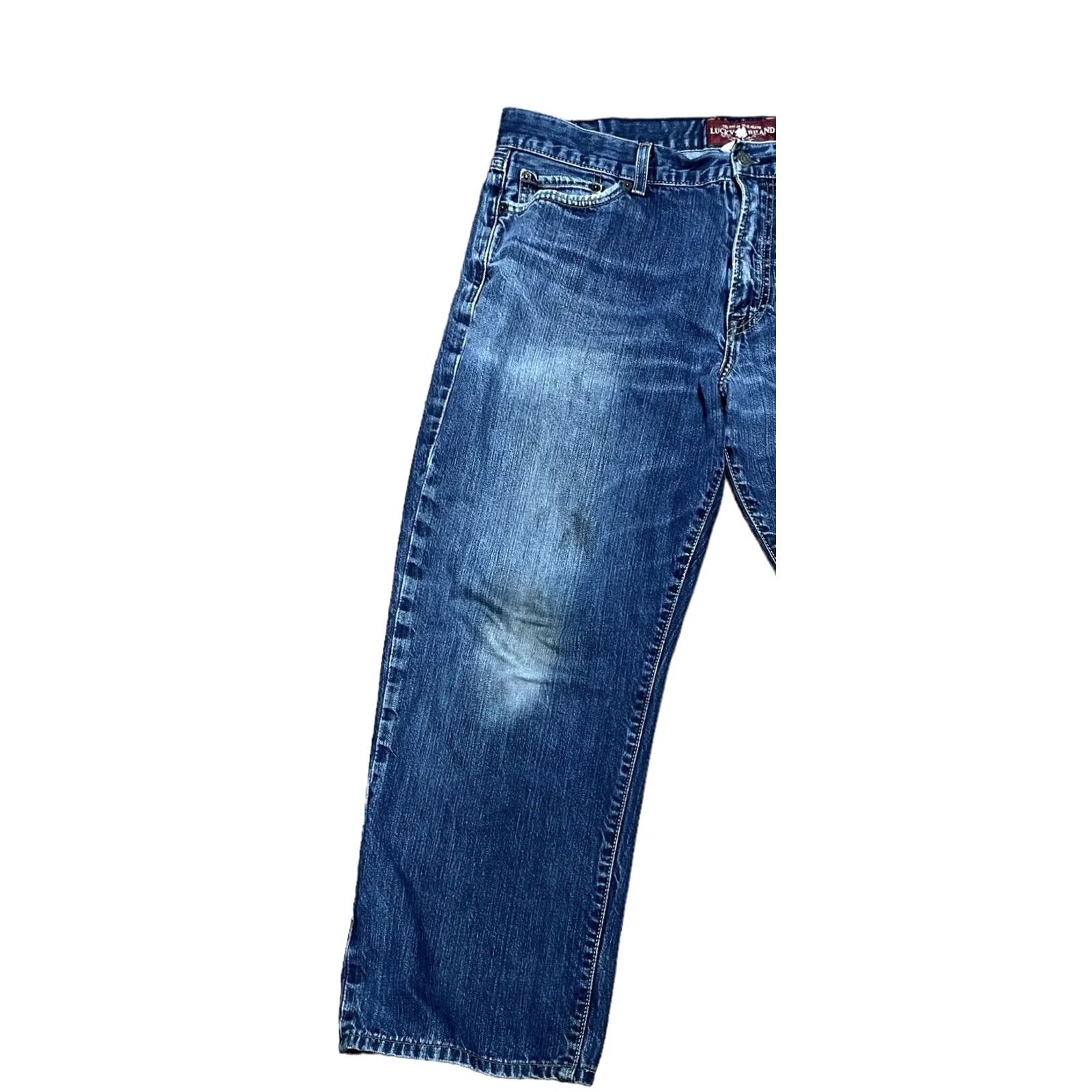 Lucky Brand VINTAGE Lucky Brand Jeans Mens Blue Denim Straight Leg 38x32 5-Pocket Belt Loops Regular Fit Stained Denim Pants Size US 38 / EU 54 - 2 Thumbnail
