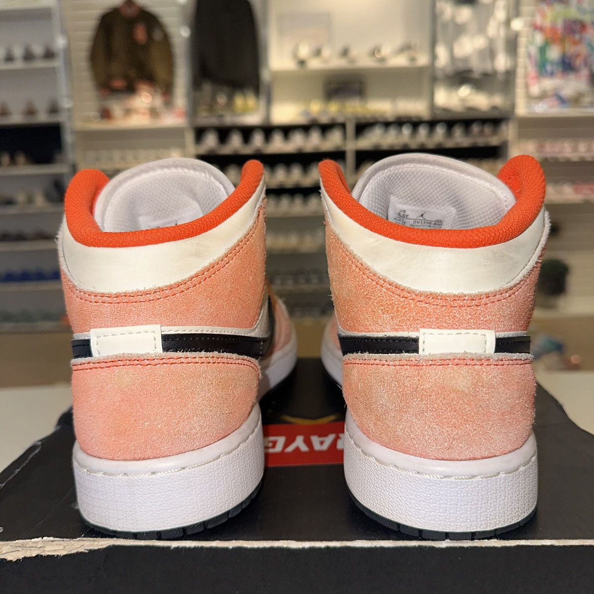 Size 5.5Y (7W) - Nike Air Jordan 1 Mid GS Team Orange White