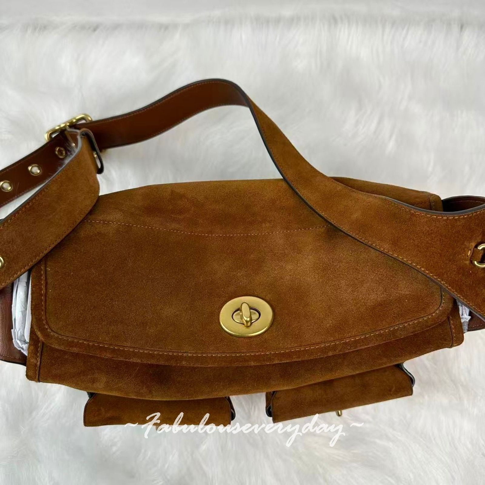 Coach Coach Turnlock Haversack Crossbody Suede Brass/Warm Brown Size ONE SIZE - 7 Thumbnail