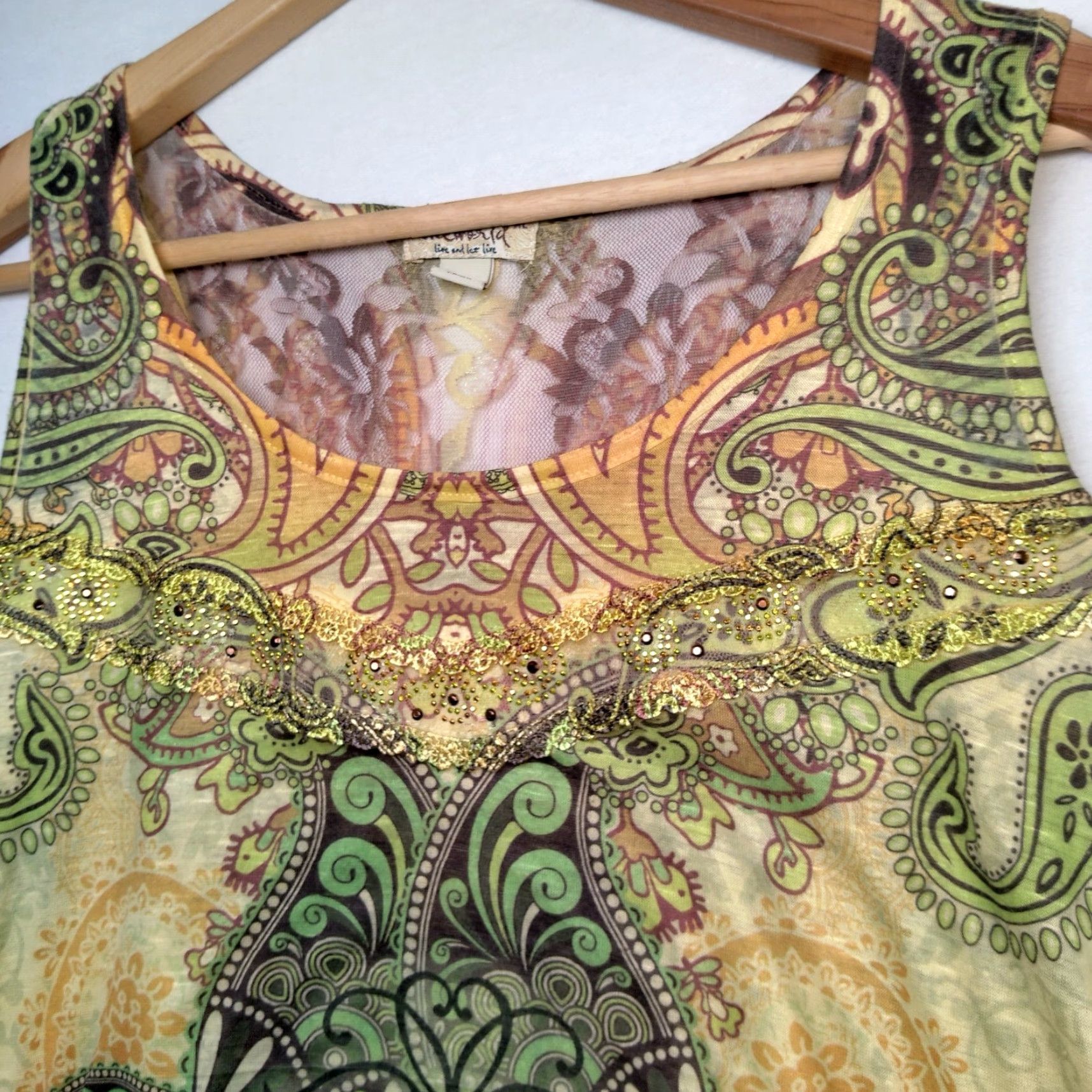 Olive Emerald Tank Top XL Shirt Women Multicolor Paisley Lace Trim Sleeveless Knit Y2K Boho Hippe Spring Summer Regular Size XL / US 12-14 / IT 48-50 - 6 Thumbnail