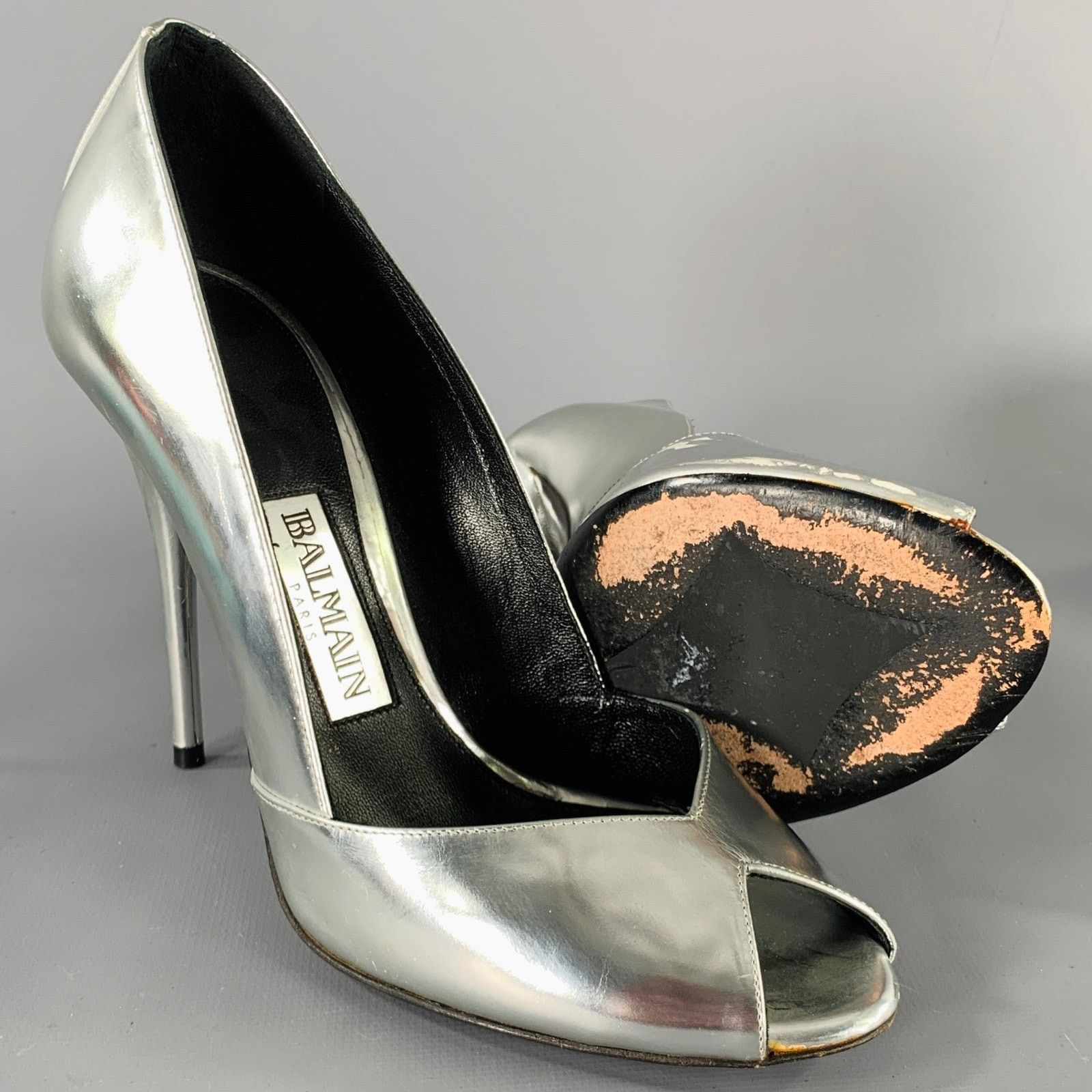 Balmain BALMAIN Size 6 Silver Patent Leather Peep Toe Heels Pumps Size US 6 / IT 36 - 5 Thumbnail