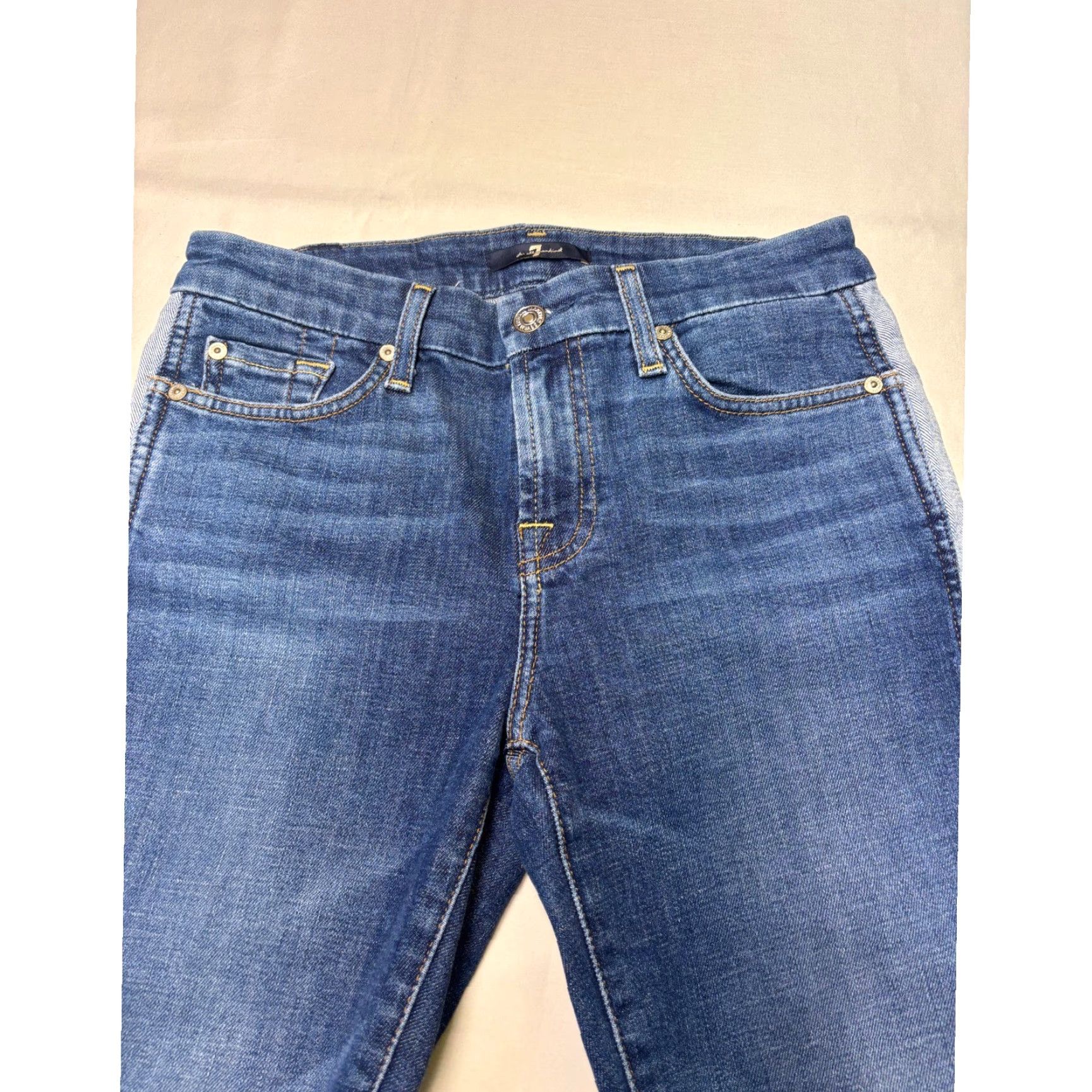 7 For All Mankind 7 For All Mankind Skinny Jeans Blue Medium Wash Side Stripe 27 Inseam 26 Waist Womens 28x27 Crop Raw Hem Size 26" / US 2 / IT 38 - 2 Thumbnail