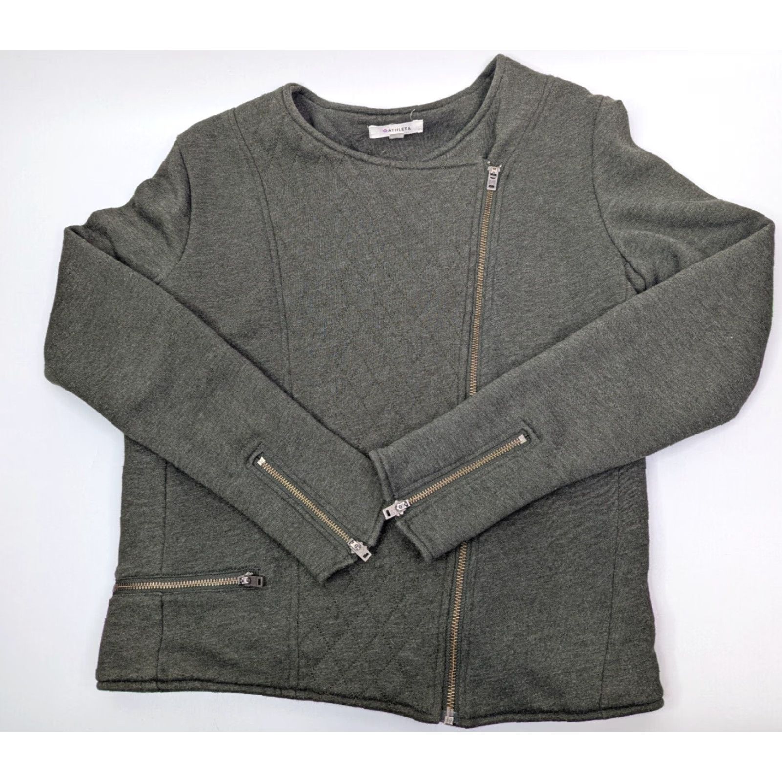 Athleta Athleta Jacket Womens Medium Olive Gray Quilted Full Zip Biker Coat Knit Cotton Short Sleeve (Regular) Mens? Size M / US 6-8 / IT 42-44 - 2 Thumbnail