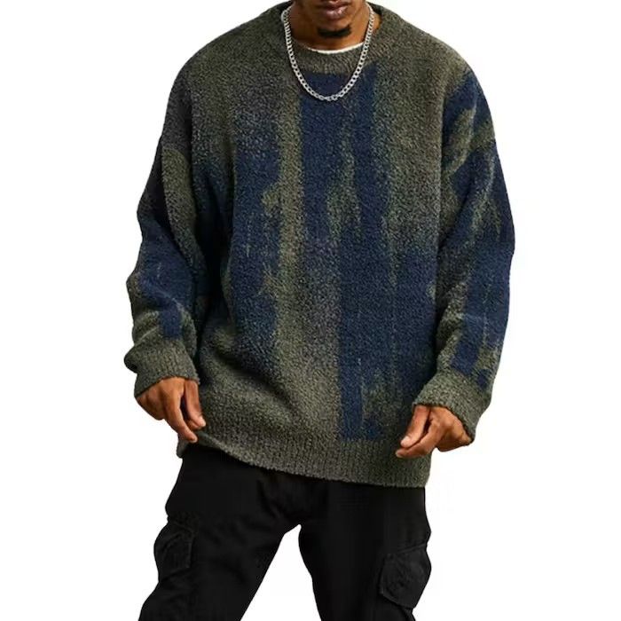 image of Striped Knit Sweater, Vintage Style Sweater in Green, Men's (Size Large)