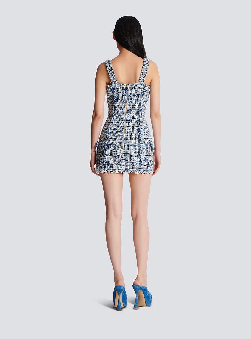 Balmain o1s1wg111225 Short Tweed Dress With Straps in Blue Size S / US 4 / IT 40 - 8 Thumbnail
