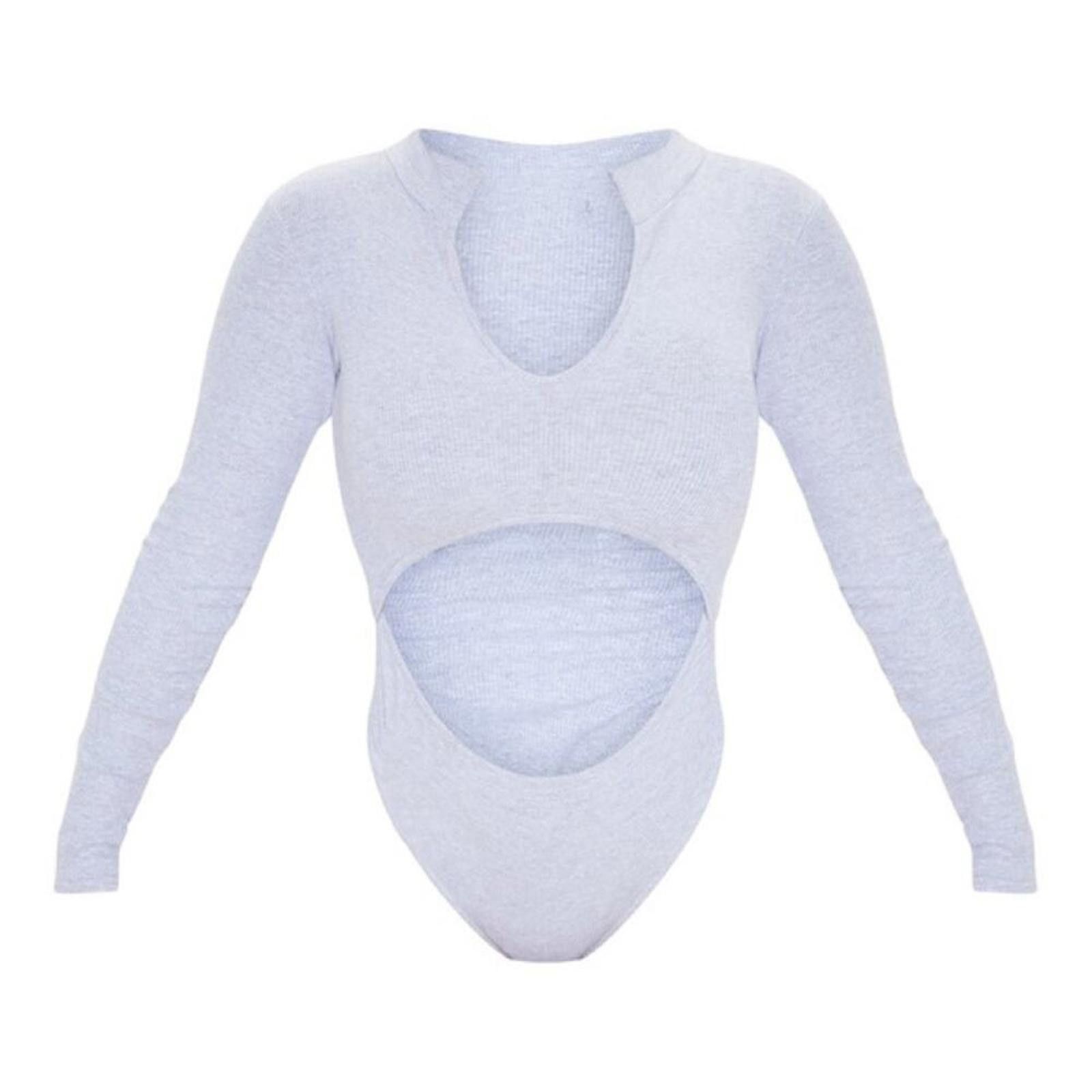 Other PRETTYLITTLETHING Grey Marl Ribbed Cut Out Bodysuit Size S / US 4 / IT 40 - 2 Thumbnail