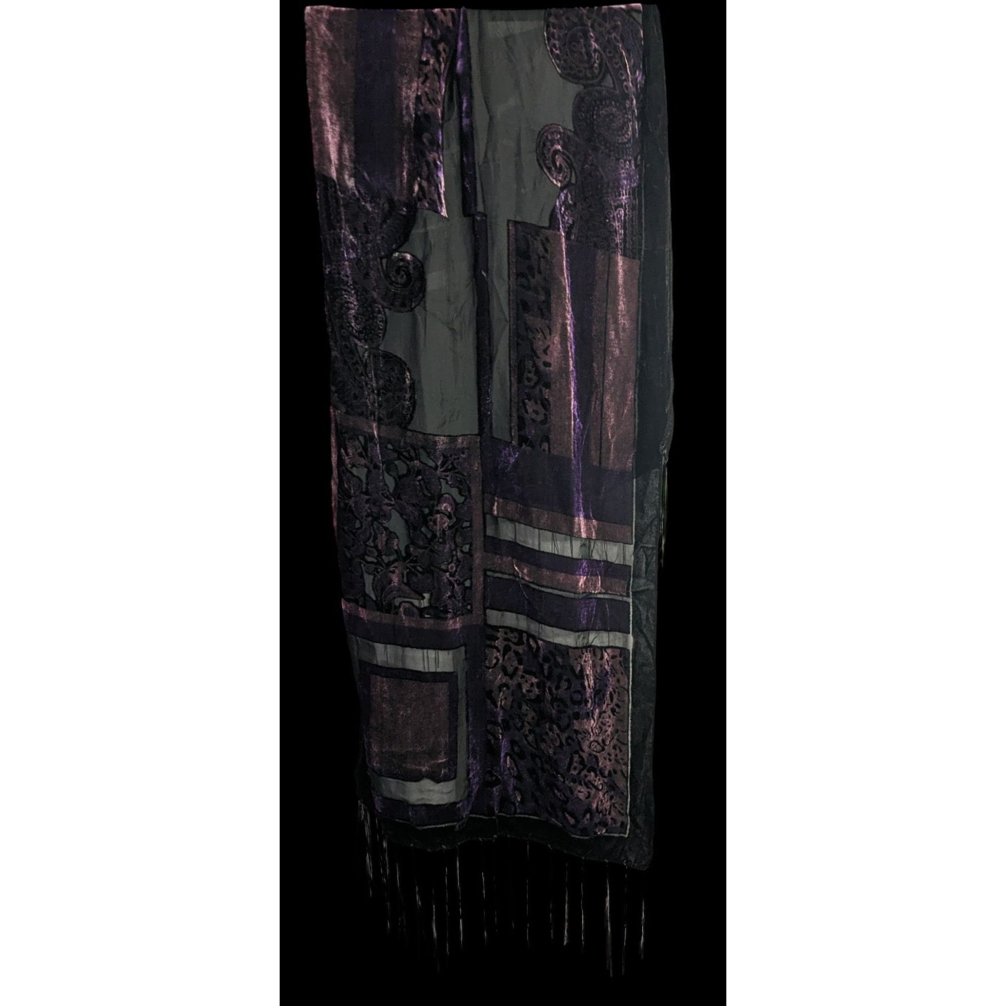 Other Vintage Burnt Velvet Abstract Scarf With Fringe 61"x20" Purp Size ONE SIZE - 2 Thumbnail