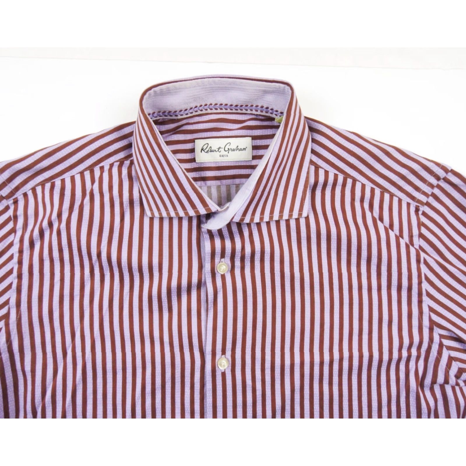 Robert Graham Robert Graham Button Up Shirt Mens 15.5 Purple Striped Cotton Long Sleeve Collared Regular Fit Size US M / EU 48-50 / 2 - 2 Thumbnail
