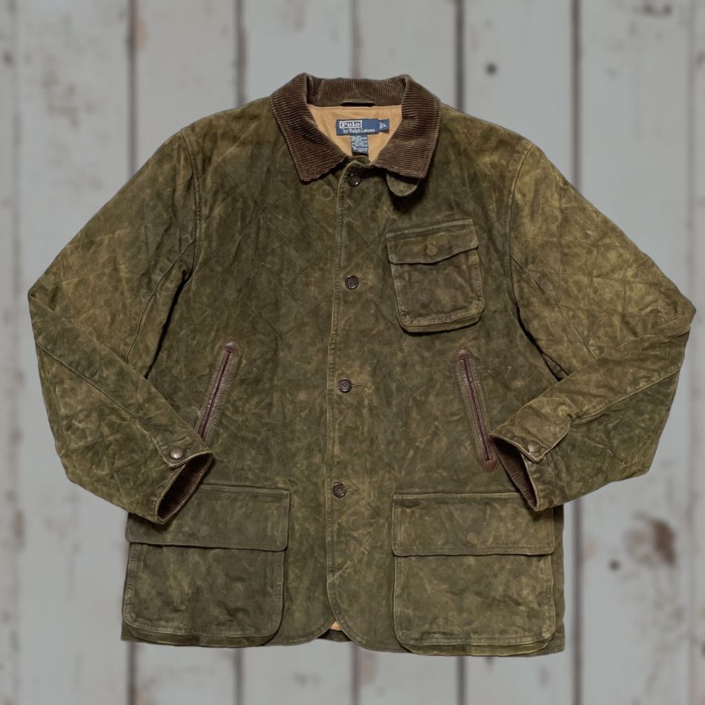 Polo Ralph Lauren VINTAGE Polo Ralph Lauren Quilted Suede Leather Outdoor Field Hunting Jacket L Mens Green 90s Americana Heritage Quilted Leather External Buttons Size US L / EU 52-54 / 3 - 1 Thumbnail