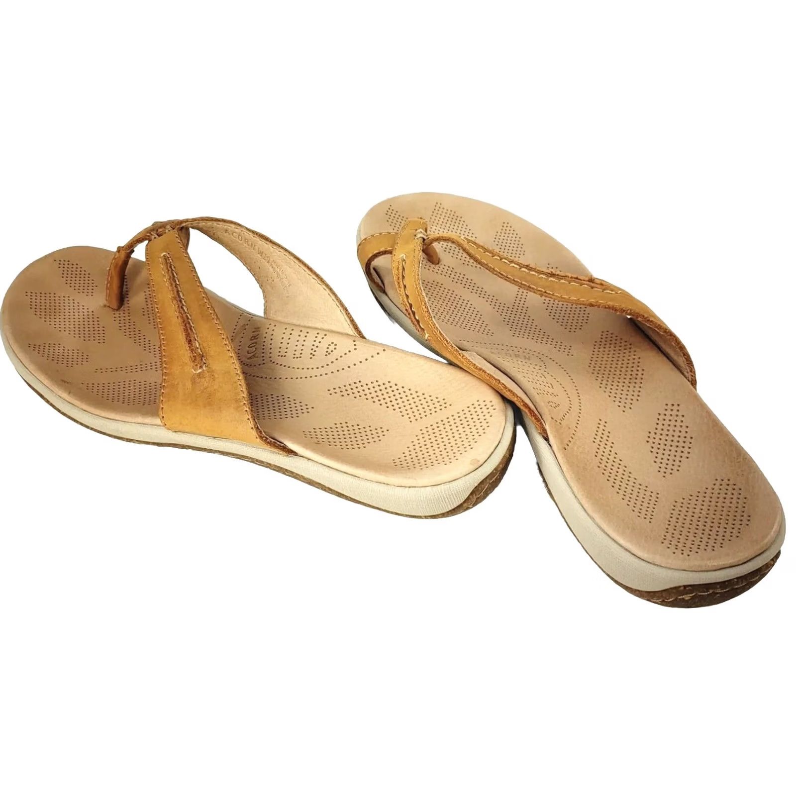 Vintage Acorn Thong Sandals Women's 10 Tan Leather Slip On Flat Heel Leather Footbed Great Support Size US 10 / IT 40 - 5 Thumbnail
