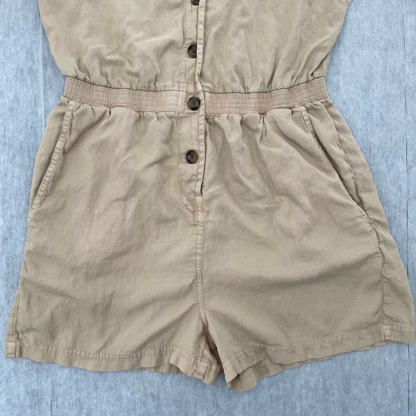 Faherty VINTAGE Faherty Romper Womens M Tan Brown Linen Blend Short Sleeve Button Pockets Bohemian Summer Size 32" / US 10 / IT 46 - 4 Thumbnail