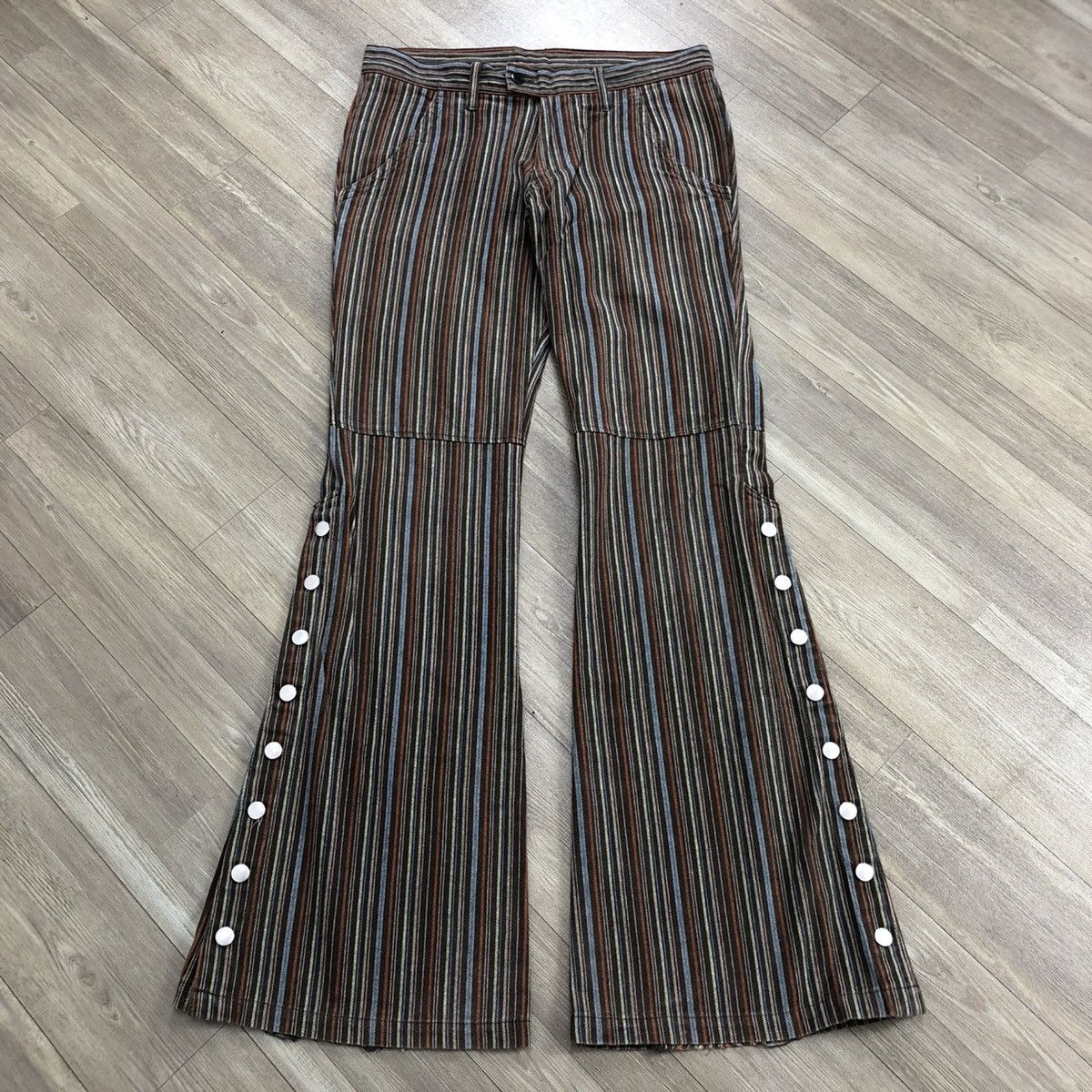 If Six Was Nine × Japanese Brand × Tornado Mart 2000s Tornado Mart Stripped Line Button GOA LGB Flared Jeans Size US 31 - 1 Thumbnail