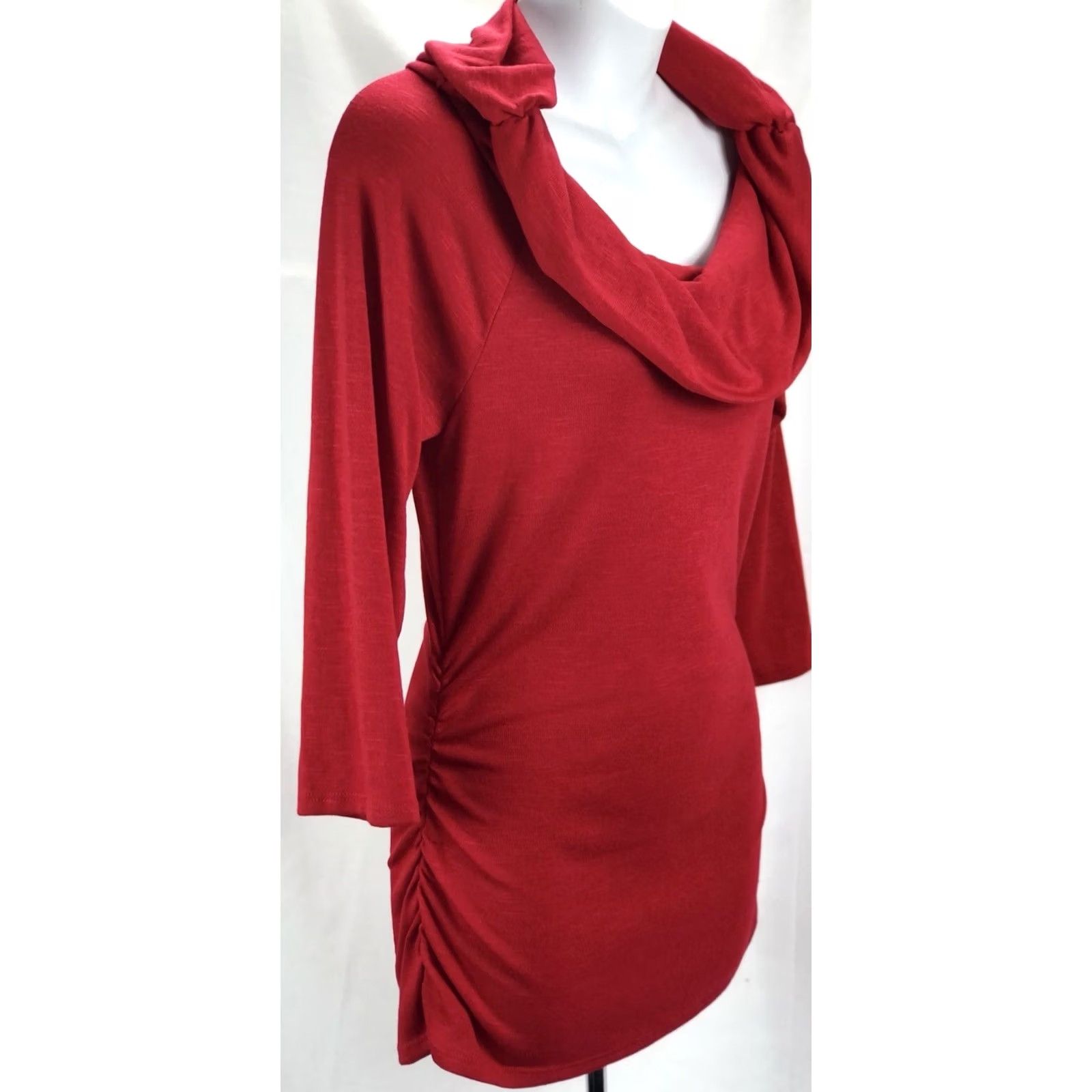 B Sides A BYER Knit Long Tunic L Jrs Red Cowl Neck 3/4 Sleeves Ruched Sides - Sweater, Holiday, Office, Colorful, Casual, Career, Romantic, Classic Womens Size L / US 10 / IT 46 - 2 Thumbnail