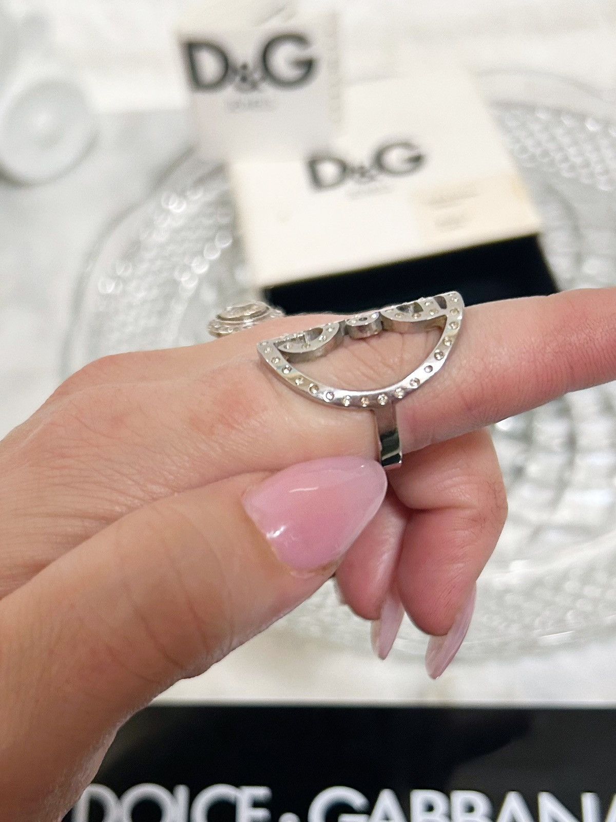Dolce & Gabbana Authentic Dolce & Gabbana Silver & Crystal Toned Logo Ring Size ONE SIZE - 4 Thumbnail