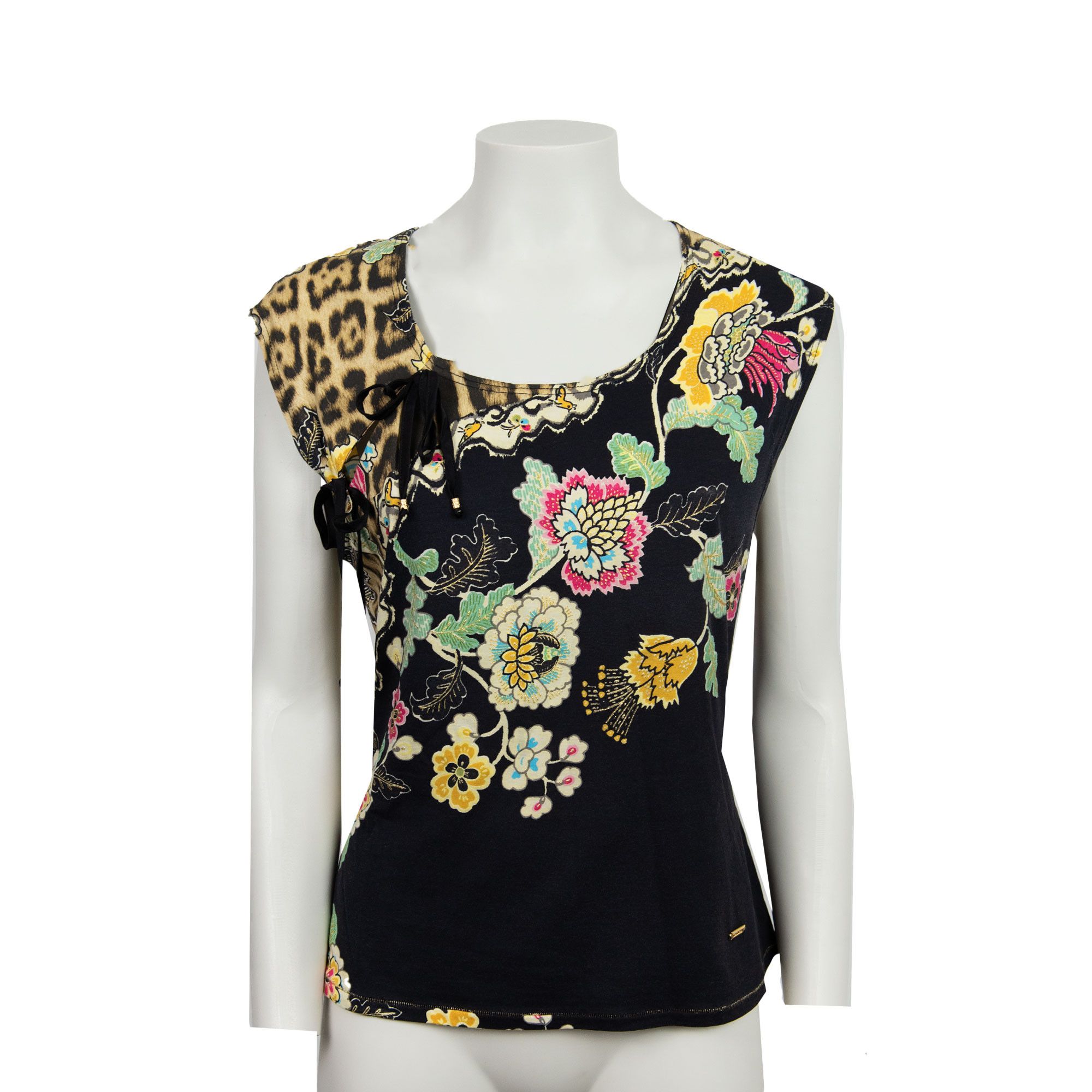 image of Roberto Cavalli Vintage Ss 2003 Cheongsam Black Leopard Tee, Women's (Size Small)