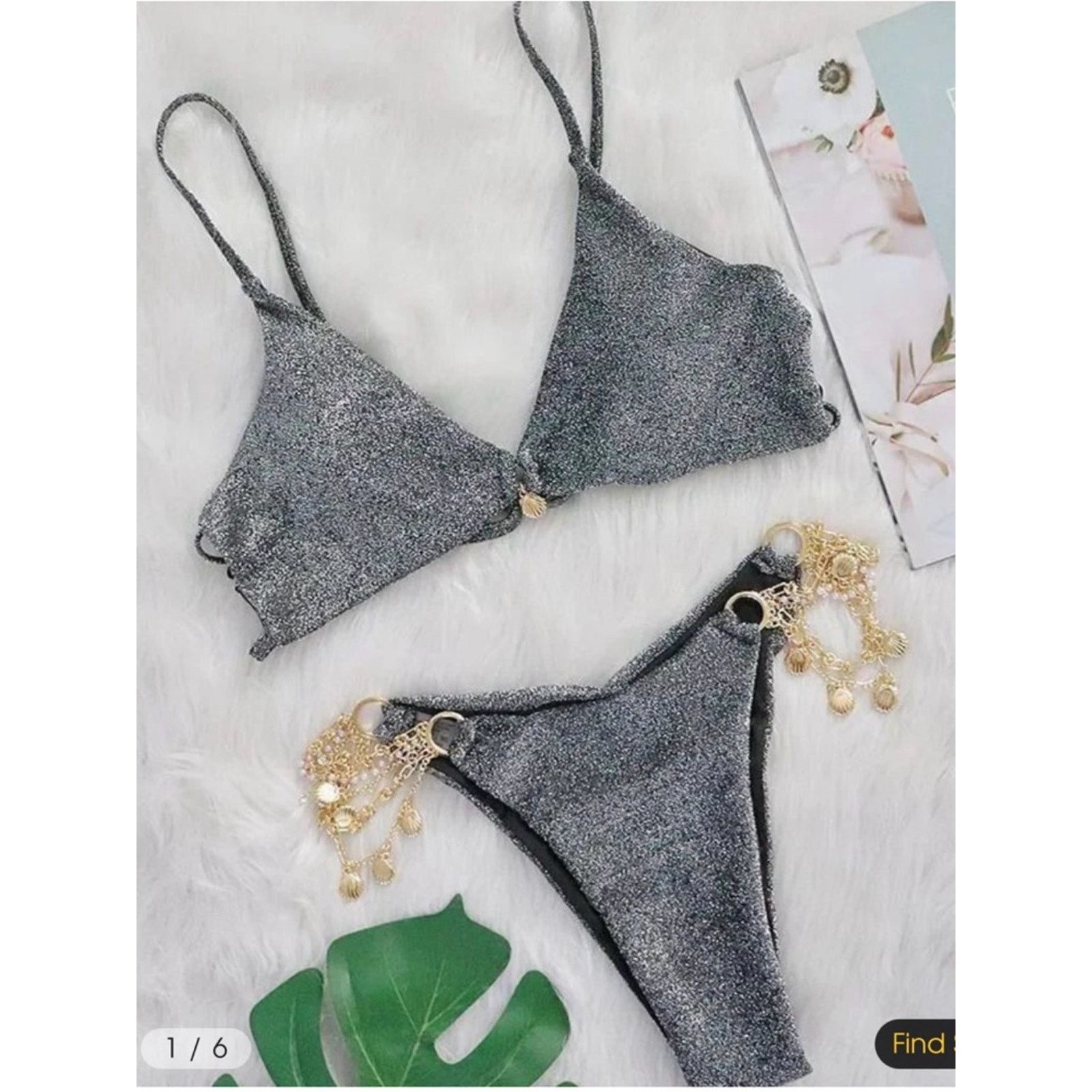 Other Dark Gray Shimmery Triangle Bikini with Shell Accents S Size ONE SIZE - 4 Thumbnail