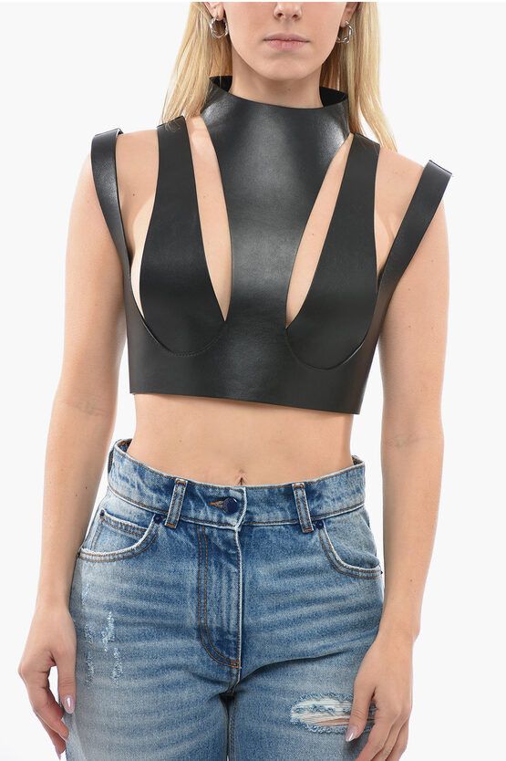 image of Balmain Leather Top With Cutouts in Black, Women's (Size Small)