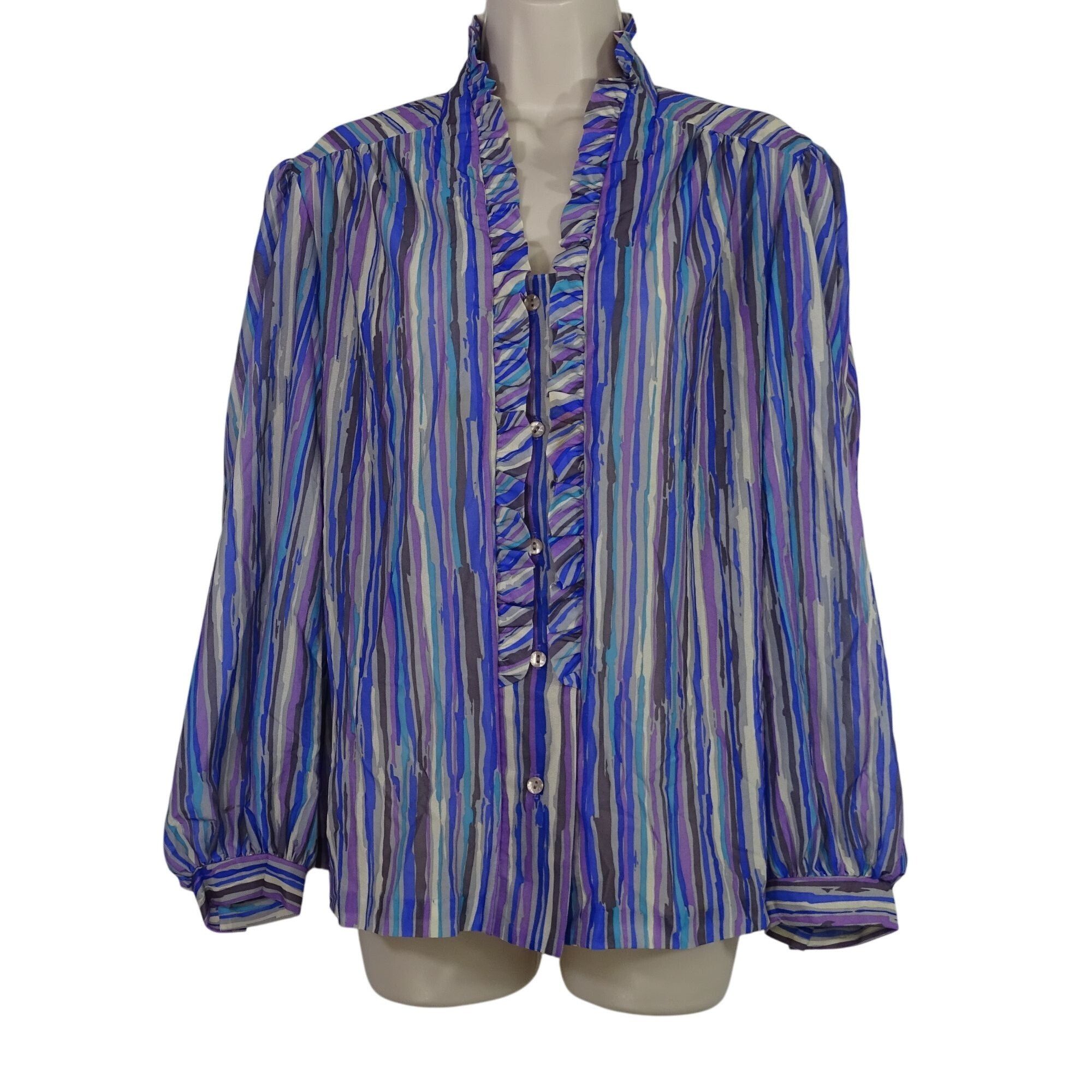 Other Vintage 80s Teddi Of California Stripe Ruffle Blouse Size 18 Size XXL / US 16-18 / IT 52-54 - 2 Thumbnail
