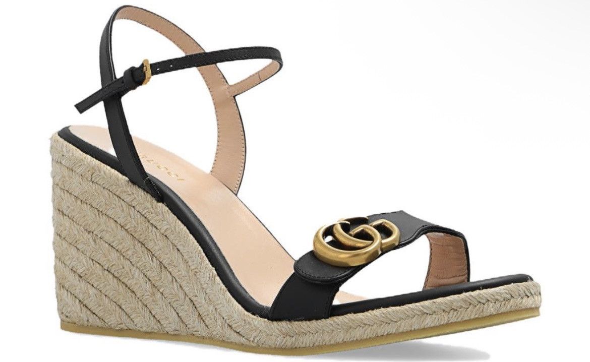 Gucci Gucci Double G 95mm Platform Espadrille Black Leather Sandal Size US 4.5 / IT 34.5 - 2 Thumbnail