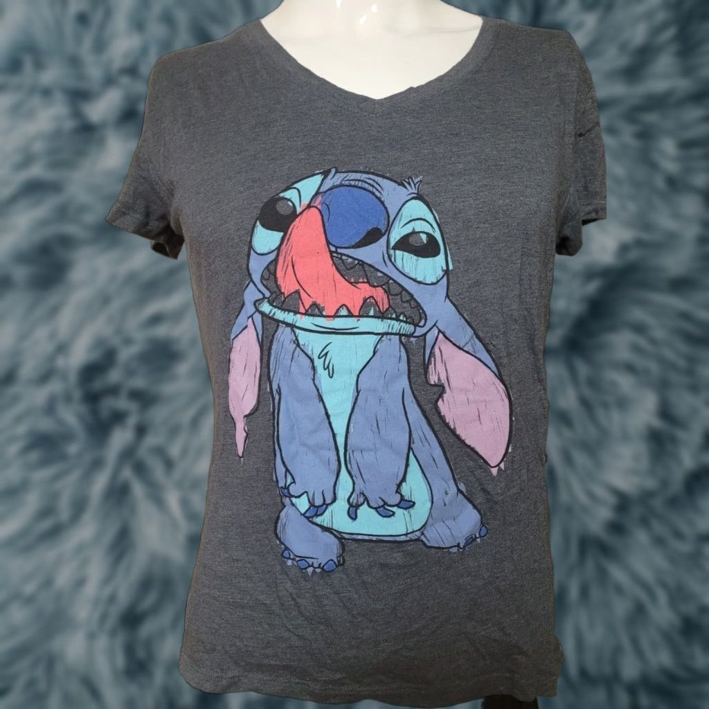 Disney Womens T-Shirt Disney Lilo & Stitch V-Neck Short Sleeve Gray 2002 Character Stitch L Size Large Shirt Womens Size L / US 10 / IT 46 - 1 Thumbnail