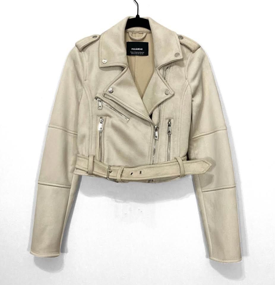 Pull & Bear Stylish Cropped Biker Jacket - Cream Color Size XS / US 0-2 / IT 36-38 - 4 Thumbnail