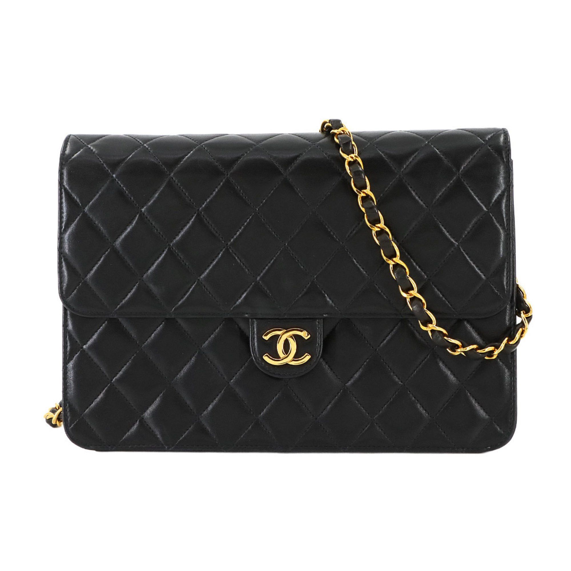 極美品 CHANEL MATELASSE CHAIN SHOULDER BAG CHANEL Matelasse Chain Shoulder Bag Lambskin Black A03570 Gold