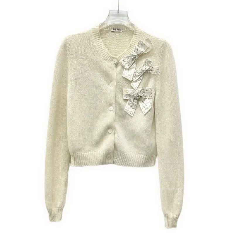Miu Miu Miu Miu Women's Beige Cashmere Cardigan with Bows 0089 Size XS / US 0-2 / IT 36-38 - 1 Thumbnail