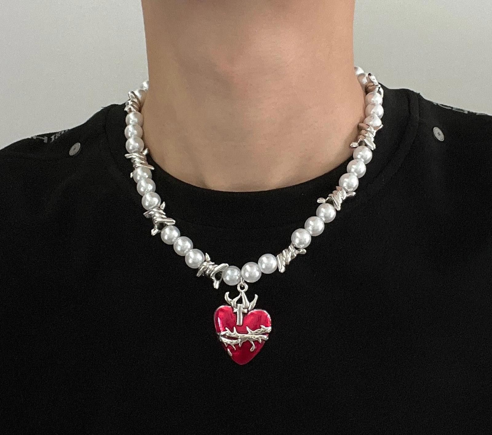 Jewelry Barbed Wire Pearl Chain Necklace With Red Heart Pendant, Men's