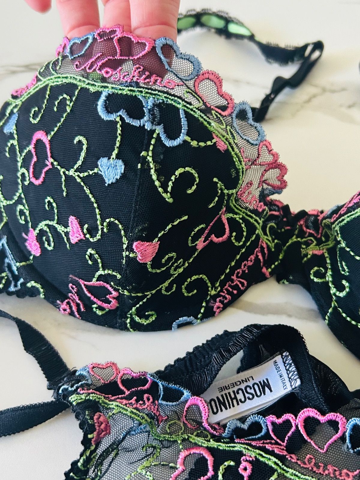 Moschino MOSCHINO designer 2pc Embroidered Lace logo Bra & G Set Size ONE SIZE - 2 Thumbnail