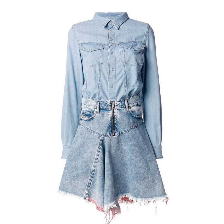 Diesel Blue Buttoned Shirt Dress Detachable Skirt Overlay