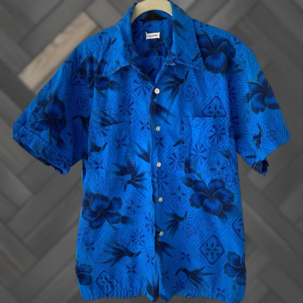 Sears VINTAGE Sears Hawaiian Shirt Blue Floral Tiki Aloha Cotton Short Sleeve Mens M Size US M / EU 48-50 / 2 - 1 Thumbnail