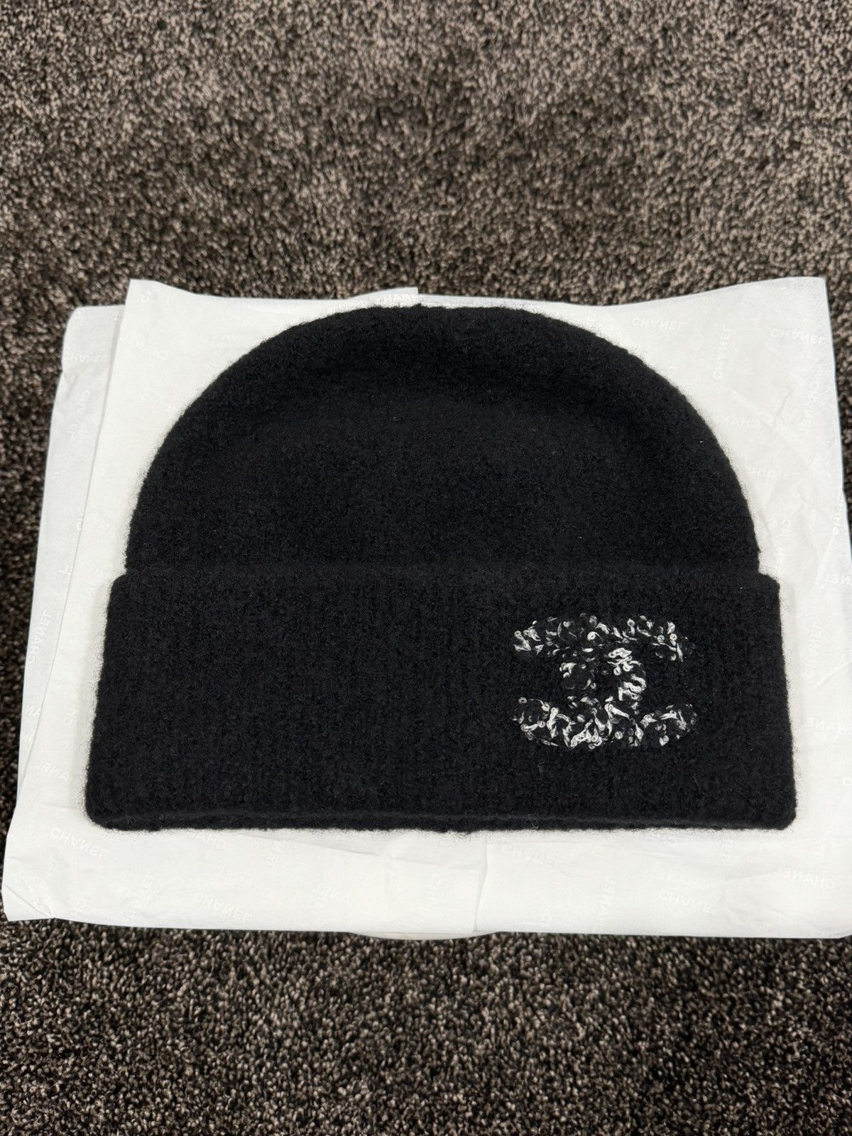 Chanel Chanel Cashmere Triple Black Big CC Logo Knit Beanie Hat