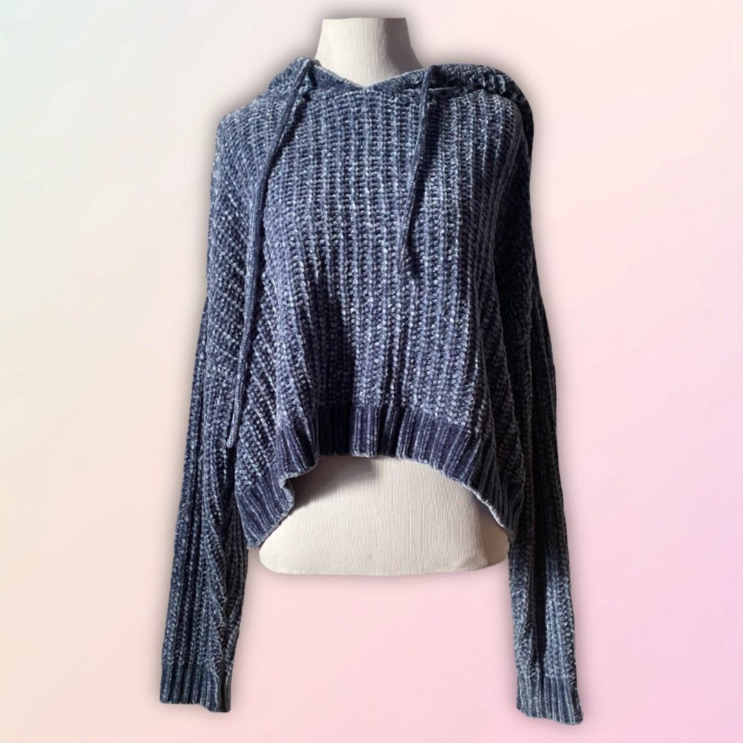 Forever 21 F21, Muted Blue, Chenille, Cropped, Oversized Hooded Sweater Size S / US 4 / IT 40 - 1 Thumbnail
