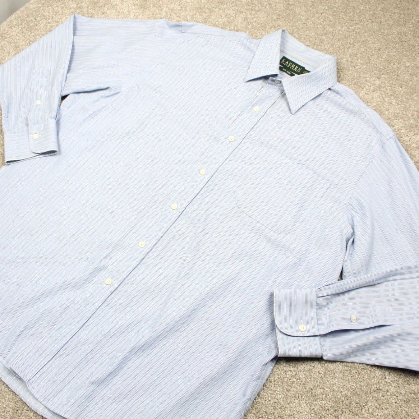 Ralph Lauren LAUREN Ralph Lauren Dress Shirt Mens 17 34/35 Blue Non-Iron 100% Cotton L/S Striped Shirt Men Size 17, 34/35 Blue Classic, Preppy Mens Shirt Size 46R - 3 Thumbnail