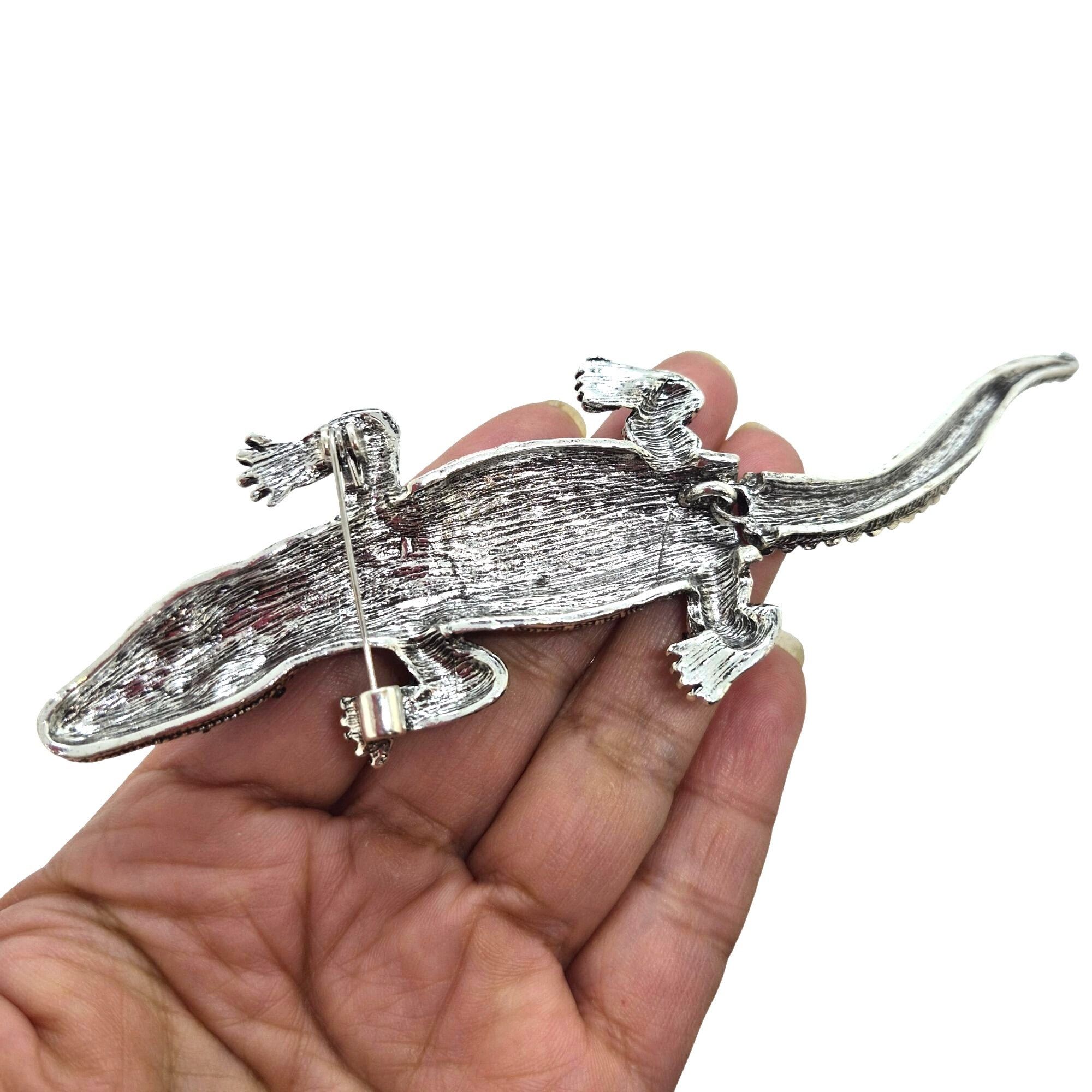Other Rhinestone Alligator Brooch Pin Green Silver 5.7 Inches Fash Size ONE SIZE - 4 Thumbnail