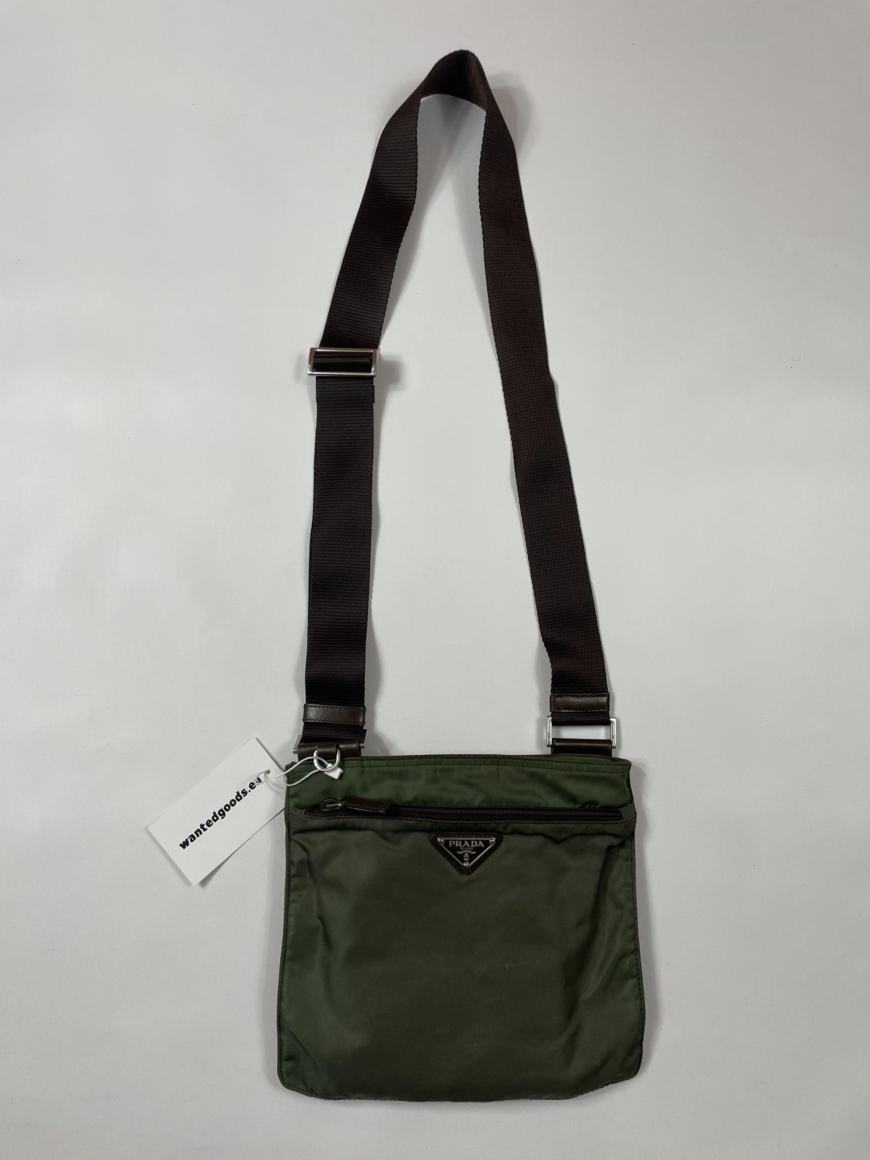Prada Nylon Triangle Logo Small Shoulder Crossbody Bag in Moss Green/Brown, Men's