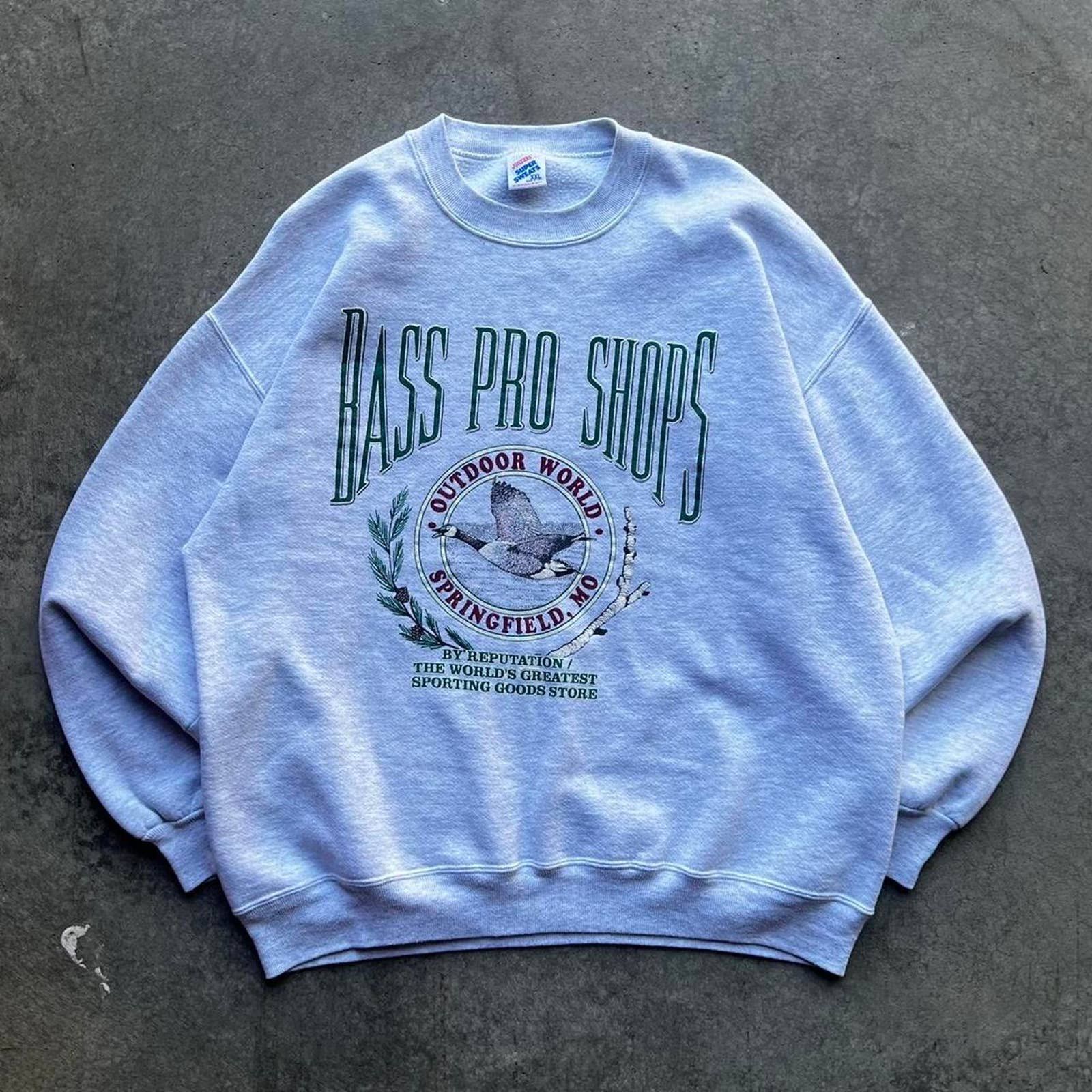 Vintage Bass Pro Shops Outdoor World Sweatshirt gris grand drapeau de pêche des États-Unis - France