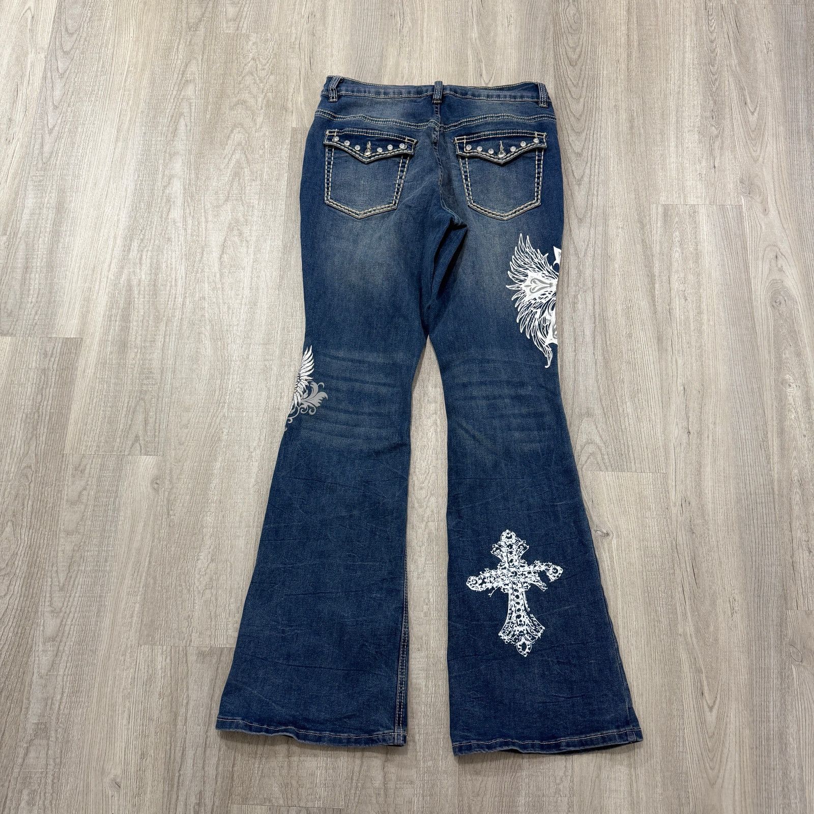 Vintage Hot Topic Cross Skull Wings Rhinestone Flare Denim Pants 13 Size 30" / US 8 / IT 44 - 10 Thumbnail